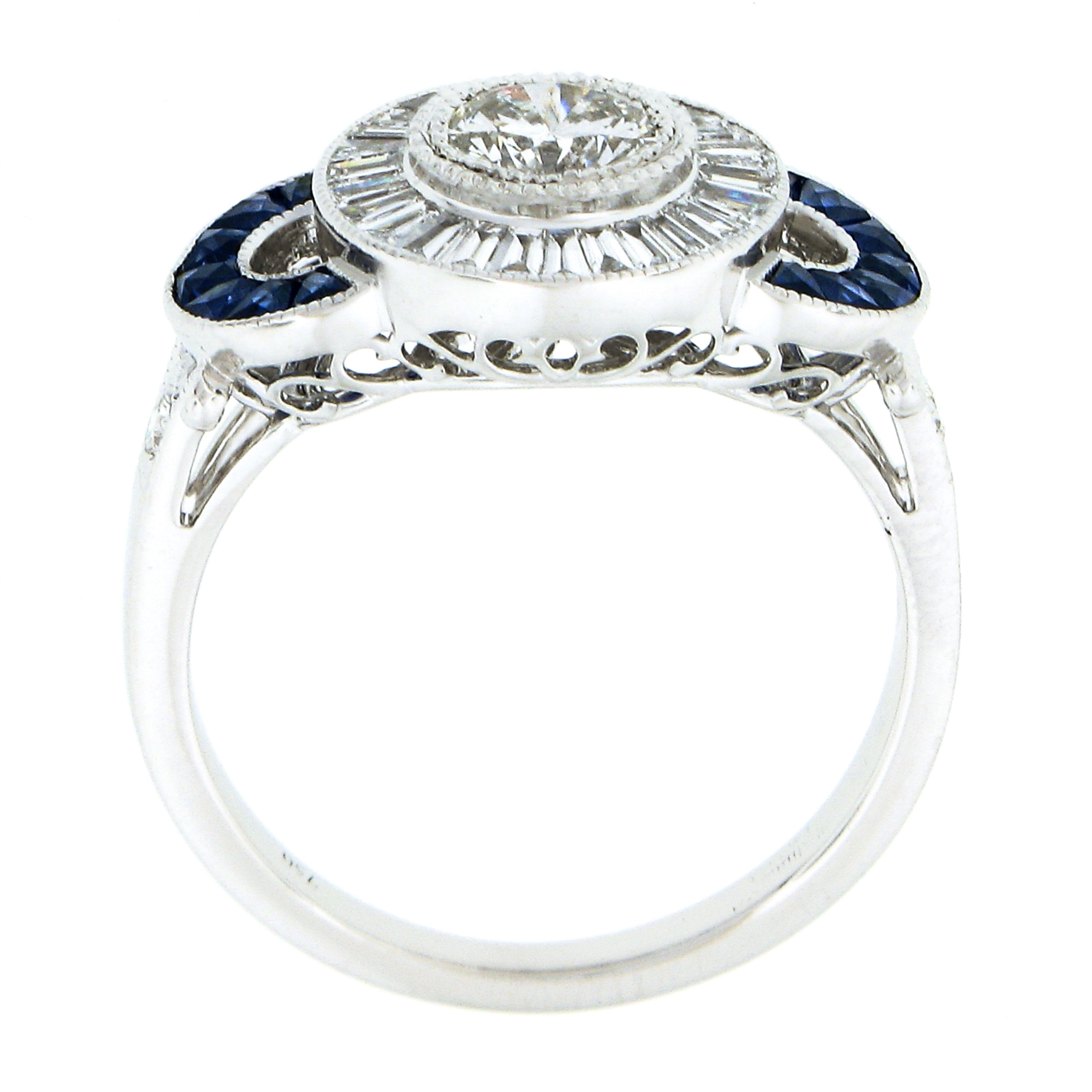 New 18k Gold 1.66ct GIA Round Diamond Baguette Halo Sapphire Bezel Milgrain Ring For Sale 3