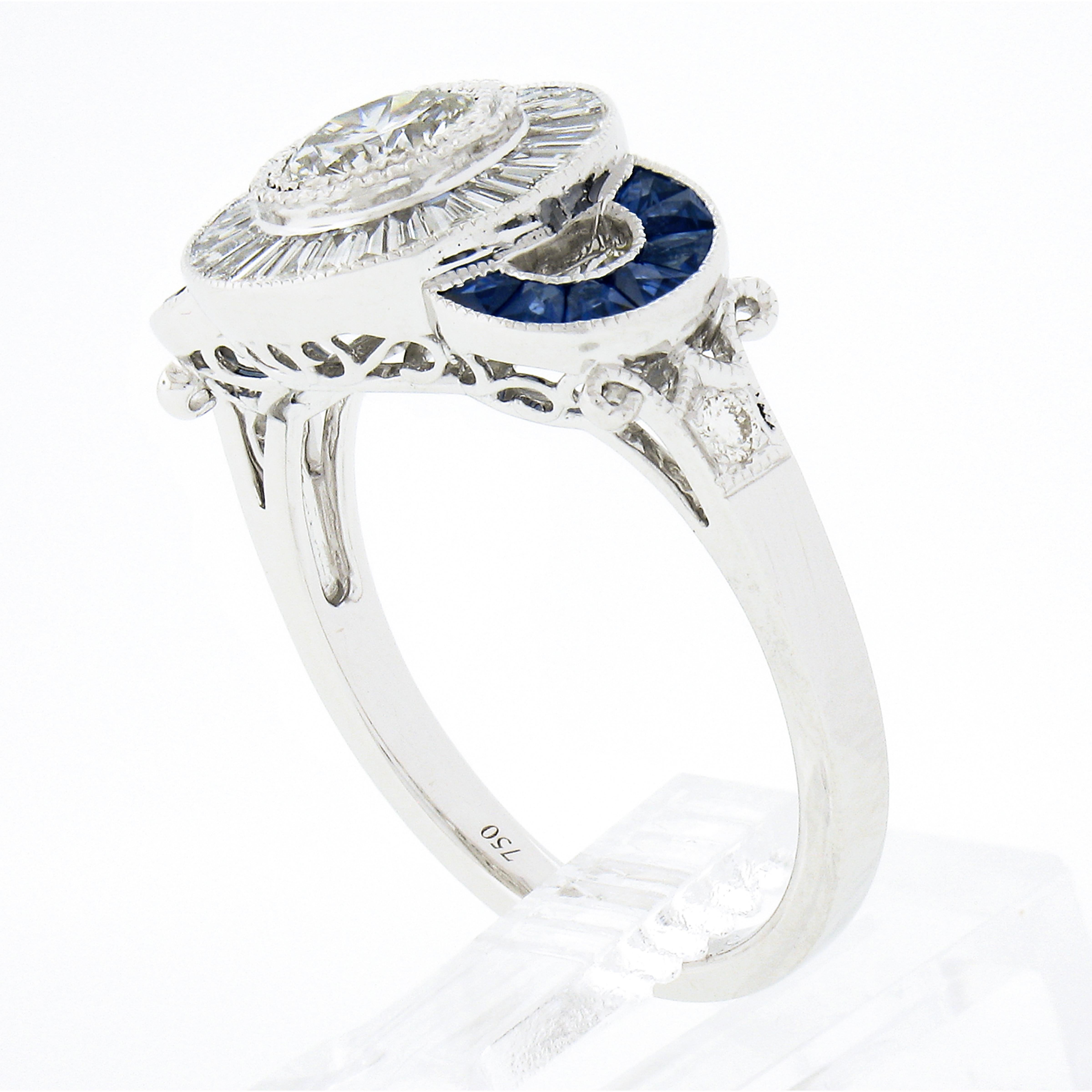 New 18k Gold 1.66ct GIA Round Diamond Baguette Halo Sapphire Bezel Milgrain Ring For Sale 4