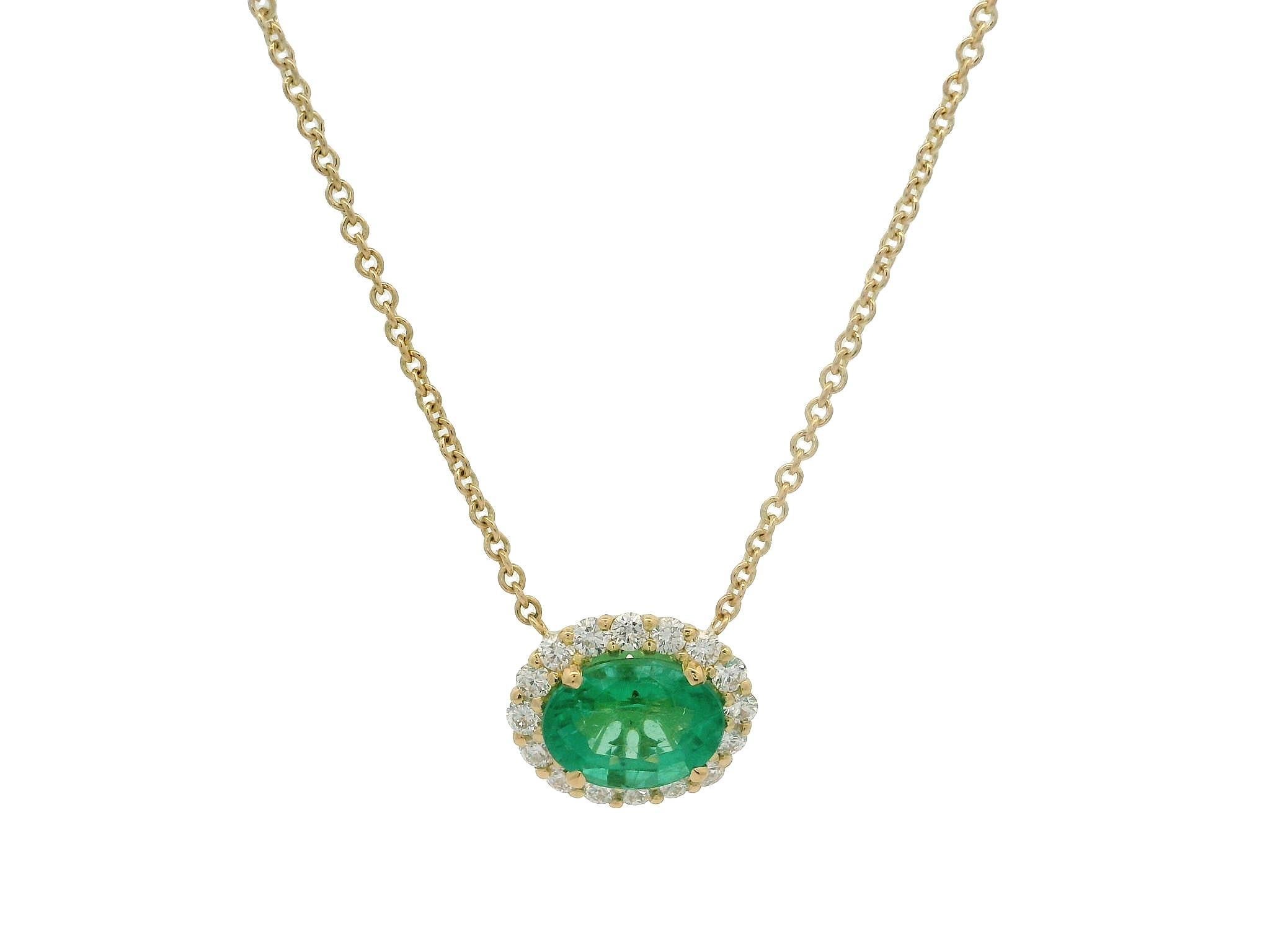 New 18k Gold 1.82ctw Oval Emerald w/ Diamond Halo Pendant Adjustable Necklace