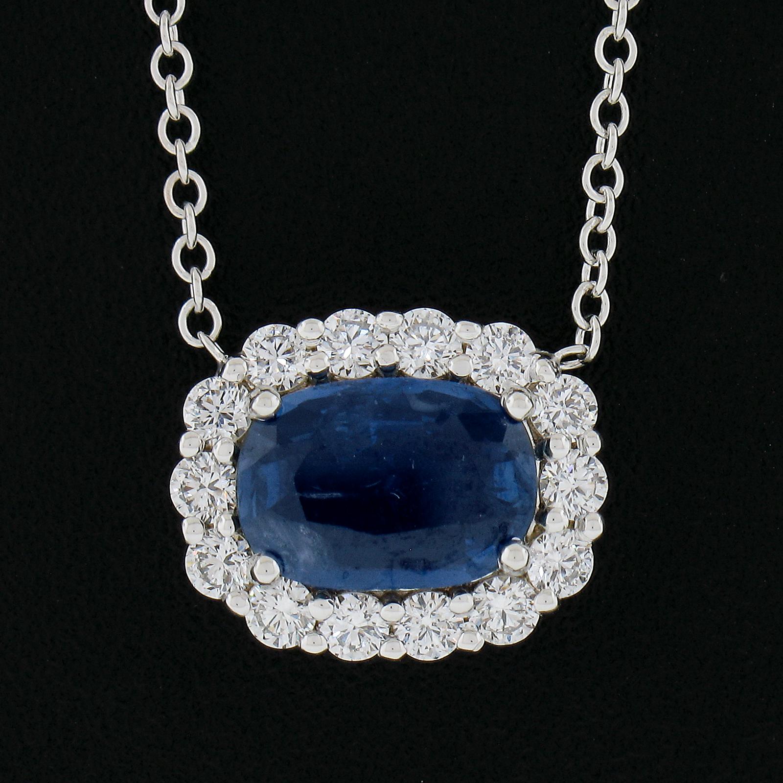 Cushion Cut NEW 18k Gold 1.88ctw GIA Cushion Blue Sapphire Diamond Halo Pendant Necklace For Sale
