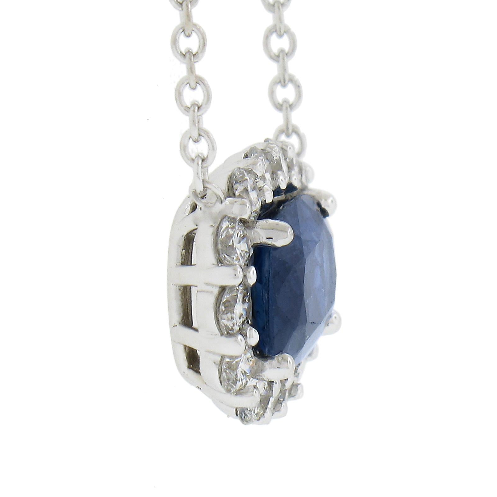 Women's NEW 18k Gold 1.88ctw GIA Cushion Blue Sapphire Diamond Halo Pendant Necklace For Sale