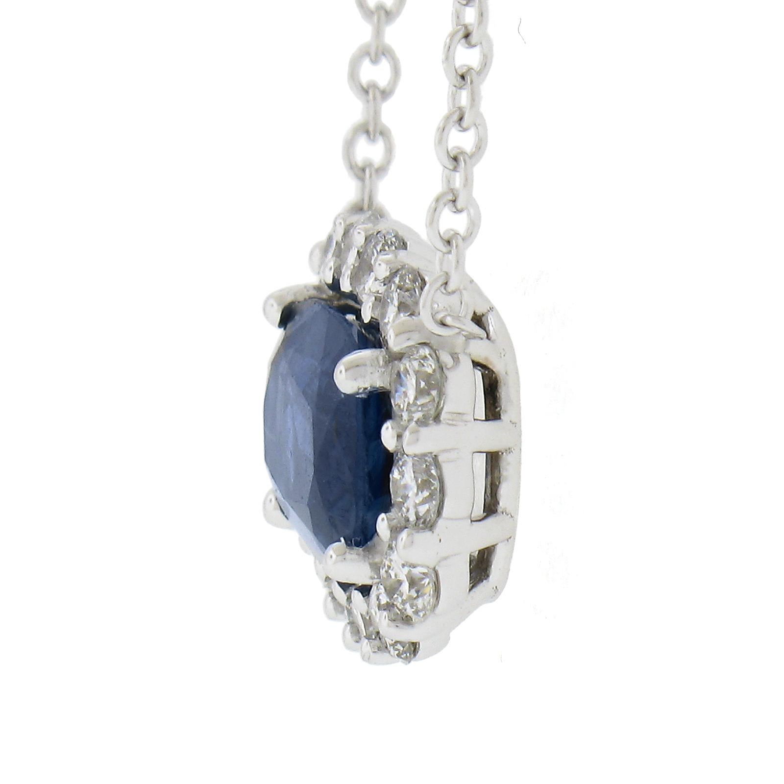 NEW 18k Gold 1.88ctw GIA Cushion Blue Sapphire Diamond Halo Pendant Necklace For Sale 1