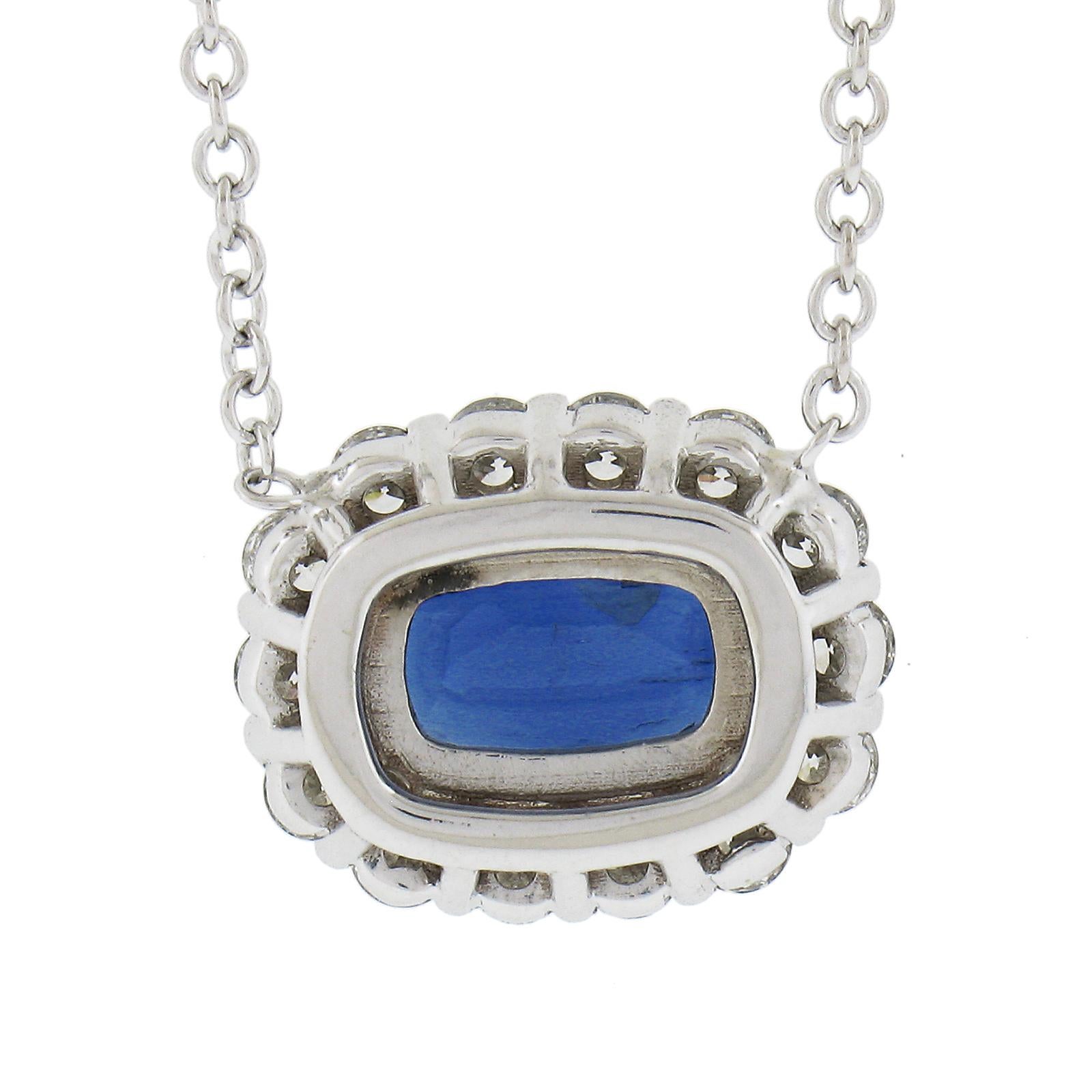 NEW 18k Gold 1.88ctw GIA Cushion Blue Sapphire Diamond Halo Pendant Necklace For Sale 2