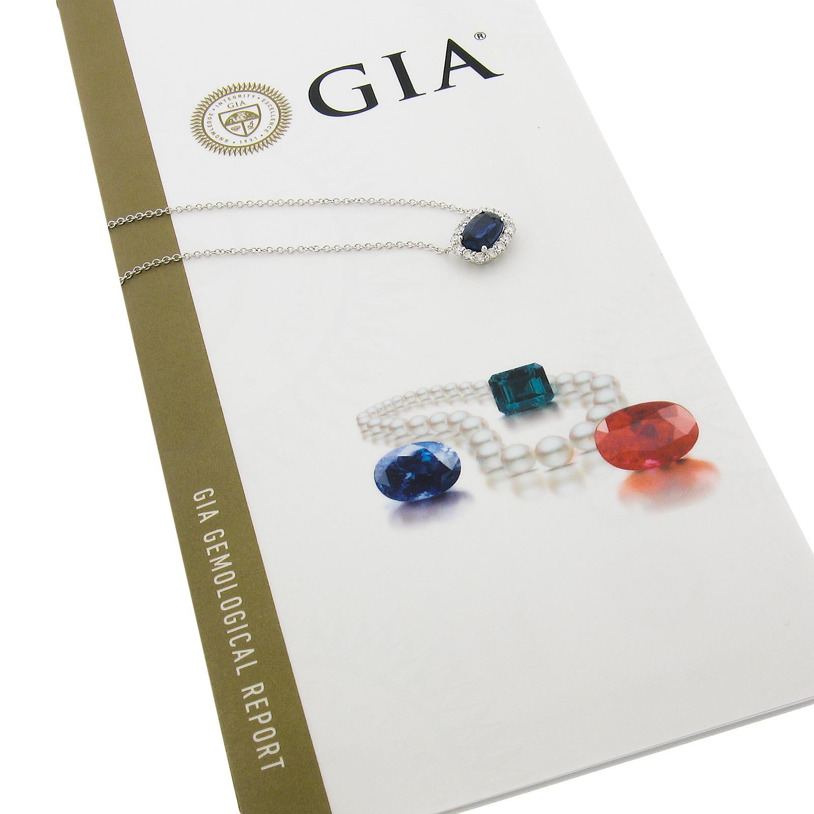 NEW 18k Gold 1.88ctw GIA Cushion Blue Sapphire Diamond Halo Pendant Necklace For Sale 4