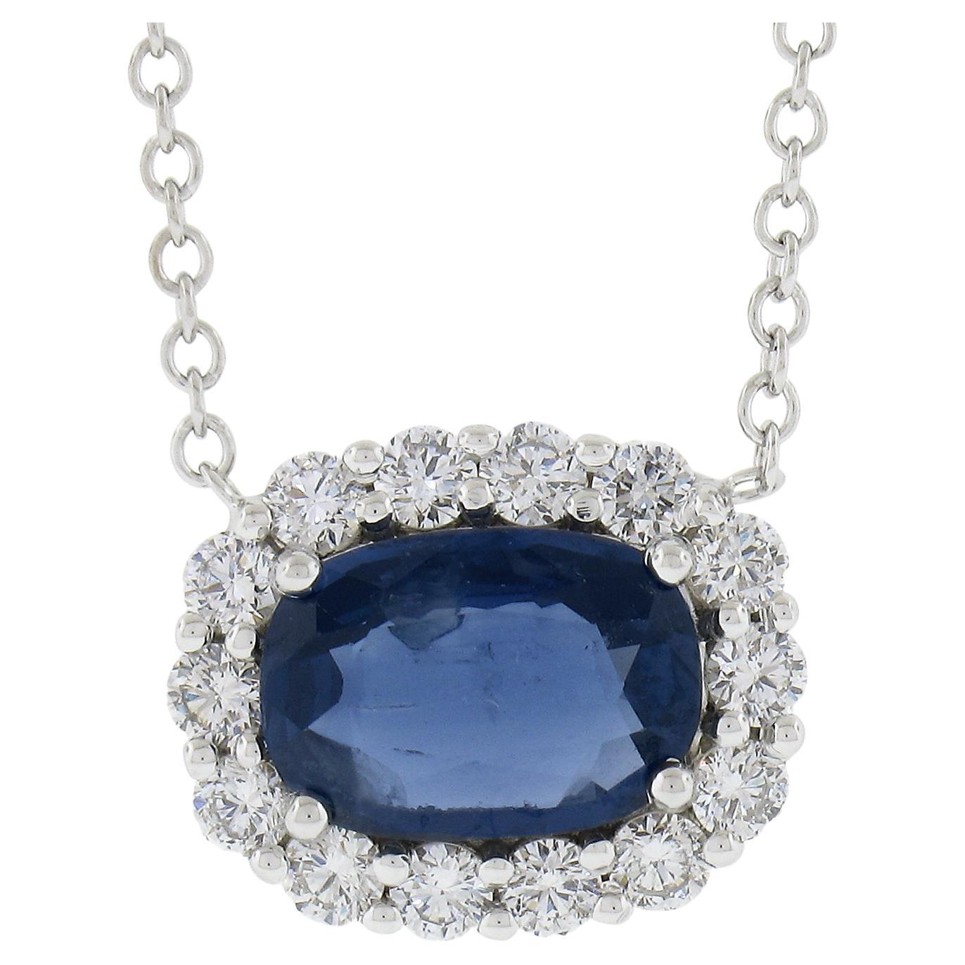 NEW 18k Gold 1.88ctw GIA Cushion Blue Sapphire Diamond Halo Pendant Necklace For Sale