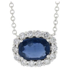 NEW 18k Gold 1.88ctw GIA Cushion Blue Sapphire Diamond Halo Pendant Necklace