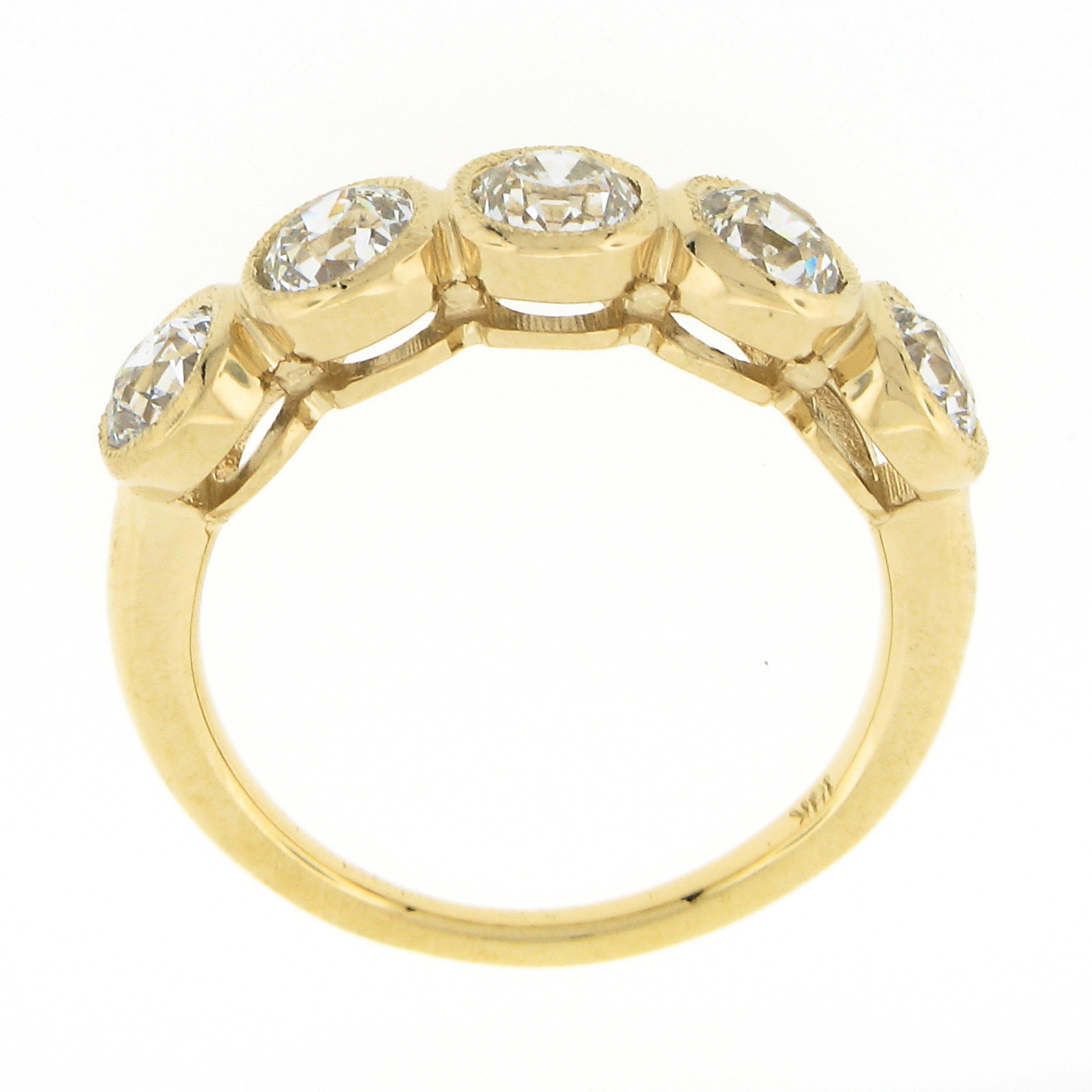 Old European Cut New 18k Gold 1.94ctw Milgrain Bezel European Diamond 5 Stone Wedding Band Ring For Sale