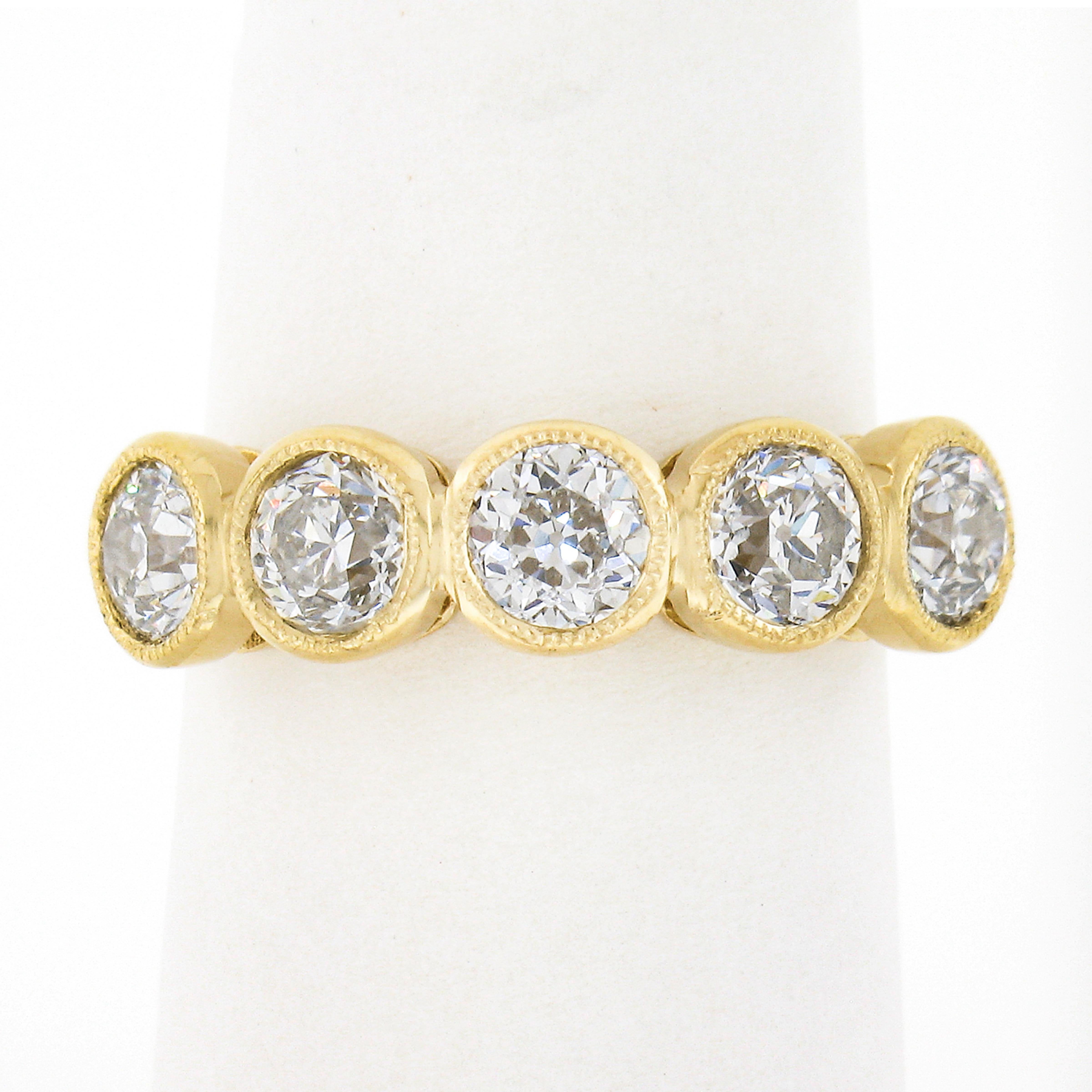 Women's or Men's New 18k Gold 1.94ctw Milgrain Bezel European Diamond 5 Stone Wedding Band Ring For Sale