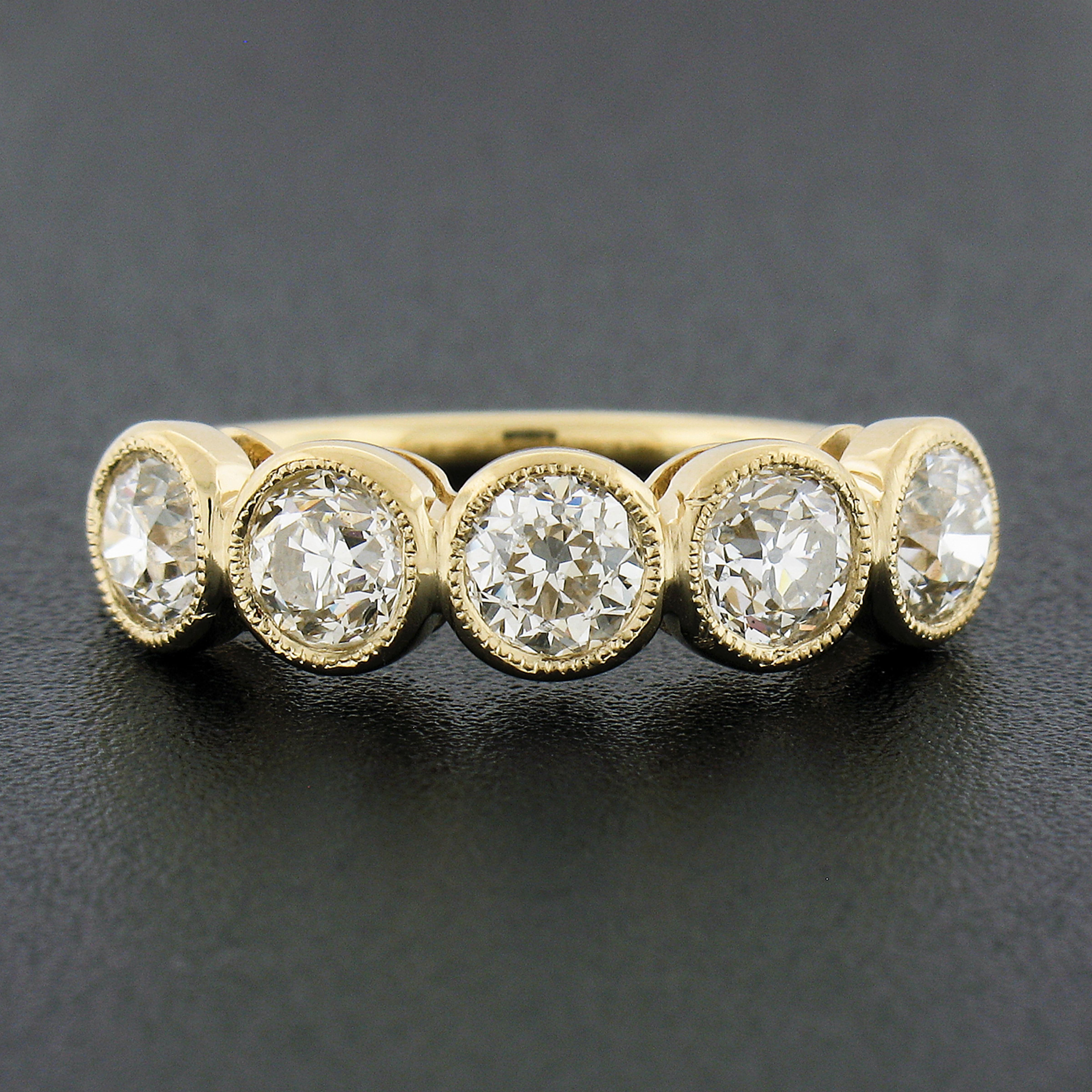 New 18k Gold 1.94ctw Milgrain Bezel European Diamond 5 Stone Wedding Band Ring For Sale 1