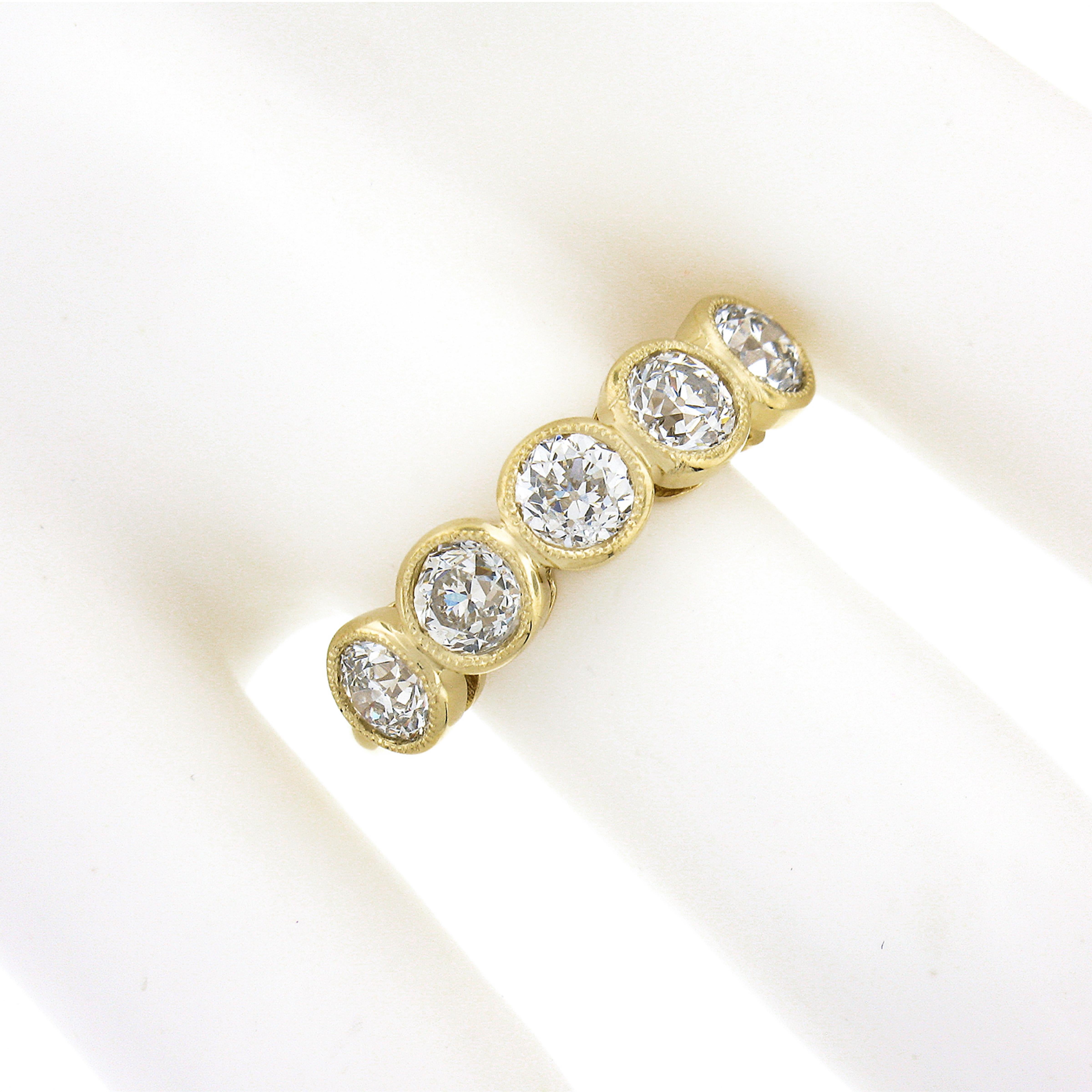 New 18k Gold 1.94ctw Milgrain Bezel European Diamond 5 Stone Wedding Band Ring For Sale 2