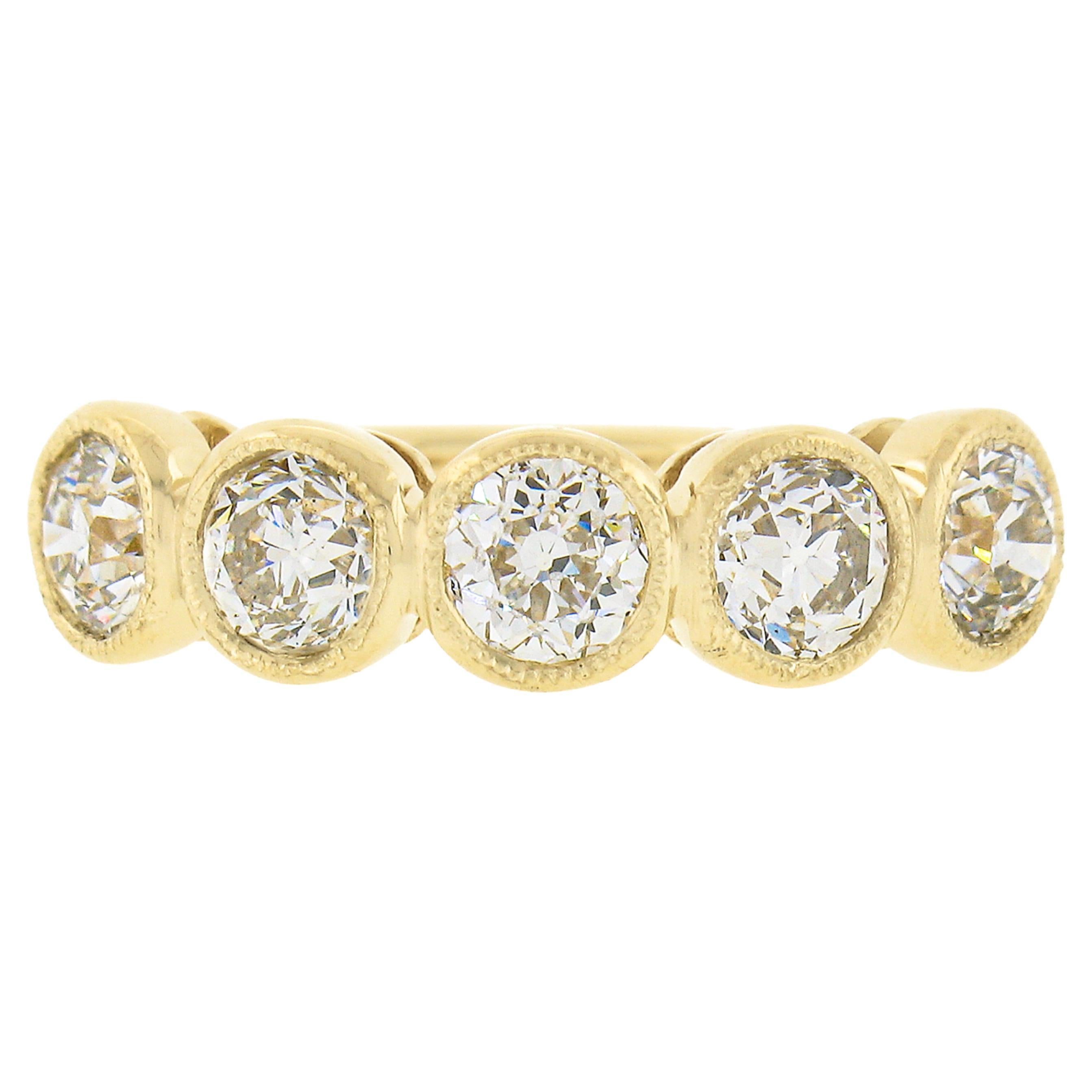 New 18k Gold 1.94ctw Milgrain Bezel European Diamond 5 Stone Wedding Band Ring For Sale