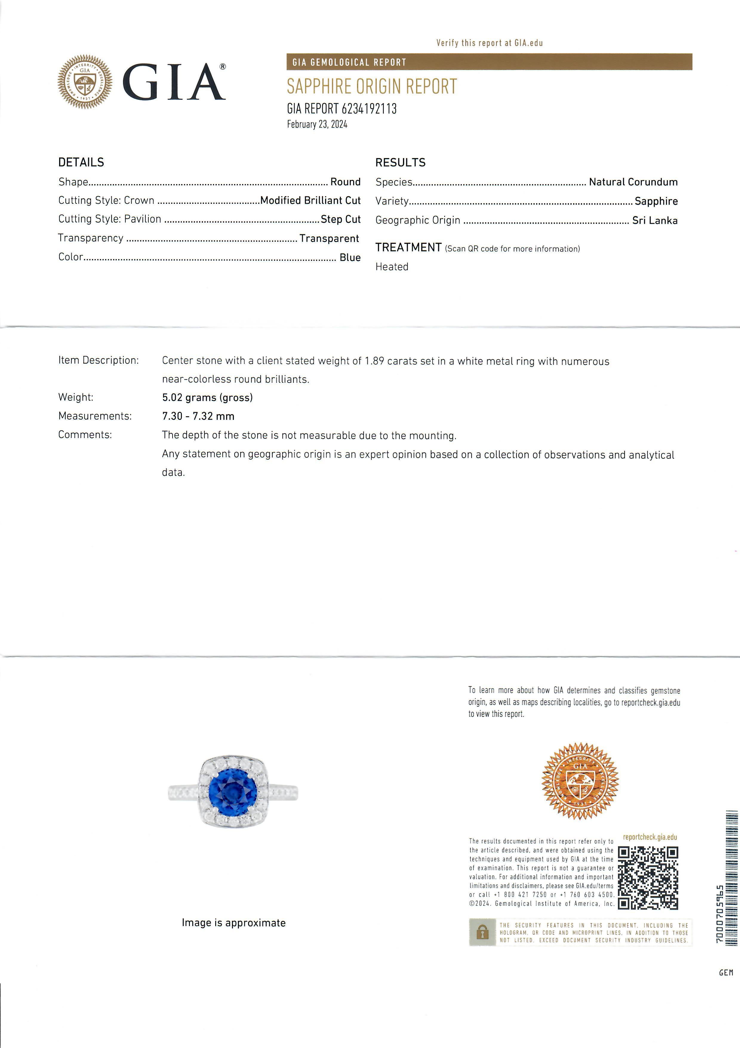 New 18K Gold 2.29ctw GIA Ceylon Round Sapphire & Round Diamond Cushion Halo Ring For Sale 5