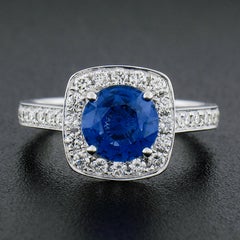 New 18K Gold 2.29ctw GIA Ceylon Round Sapphire & Round Diamond Cushion Halo Ring