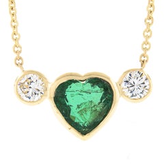New 18k Gold 2.42ctw GIA Bezel Heart Emerald & Diamond Pendant Chain Necklace