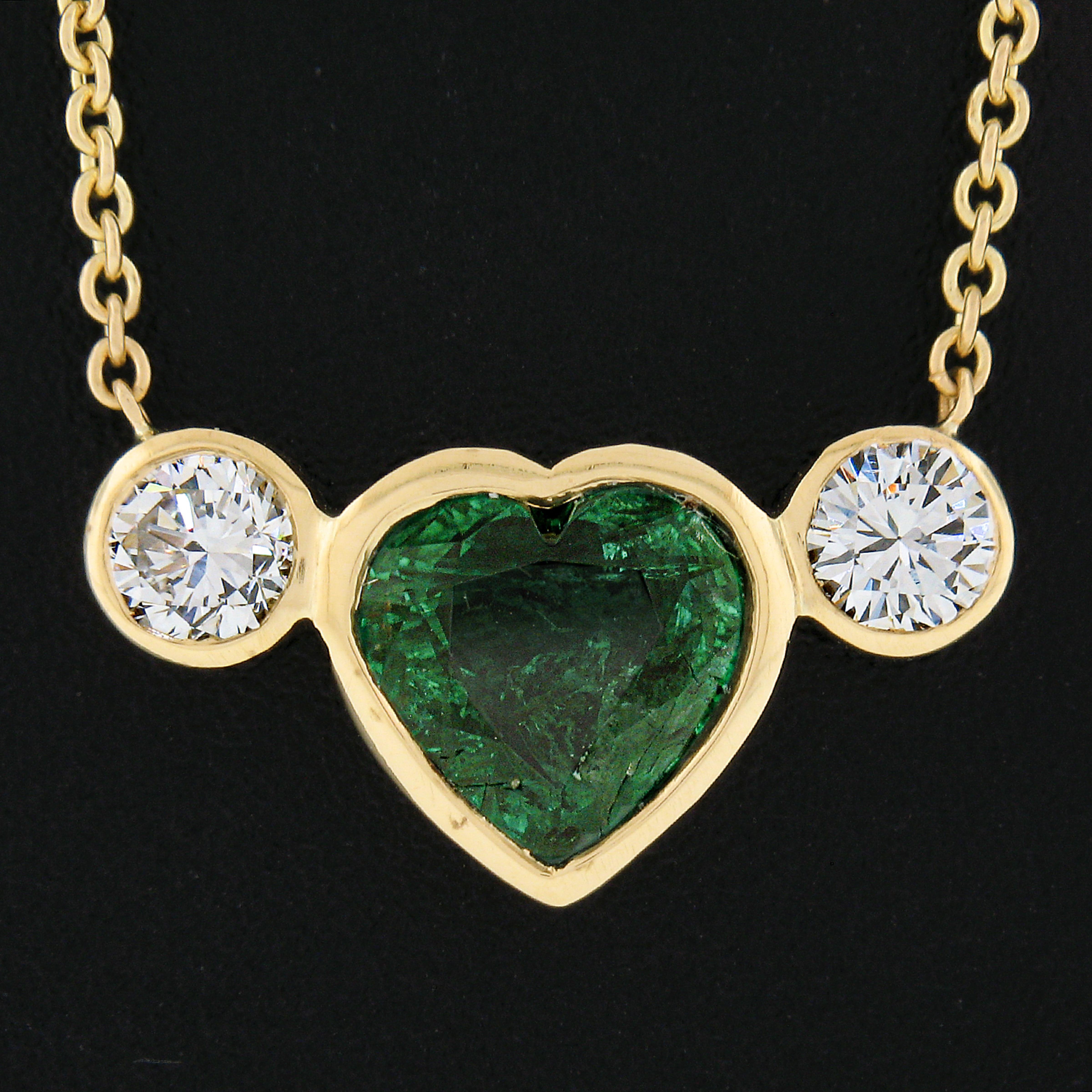 Heart Cut New 18k Gold 2.42ctw GIA Bezel Heart Emerald & Diamond Pendant Chain Necklace For Sale