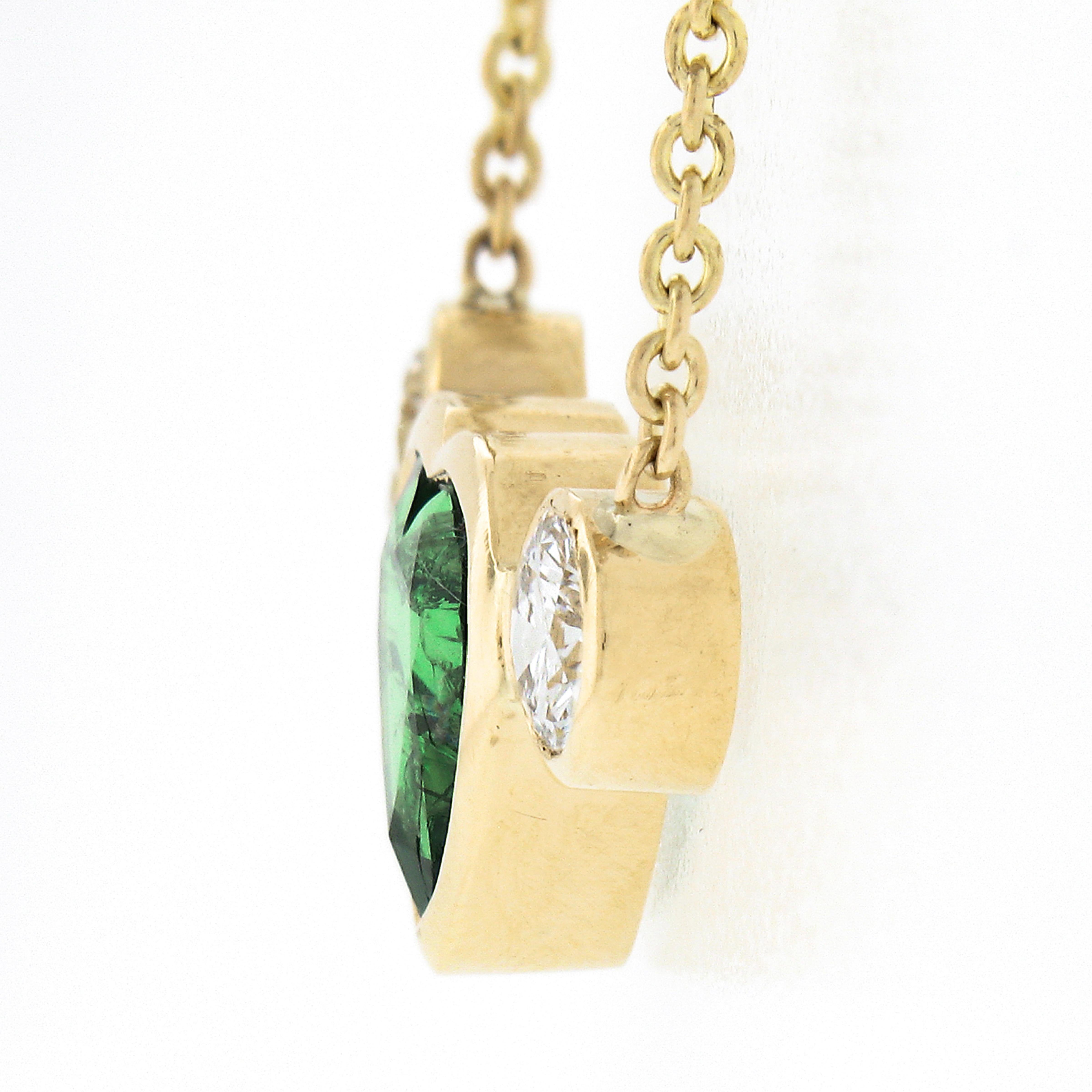 Women's New 18k Gold 2.42ctw GIA Bezel Heart Emerald & Diamond Pendant Chain Necklace For Sale