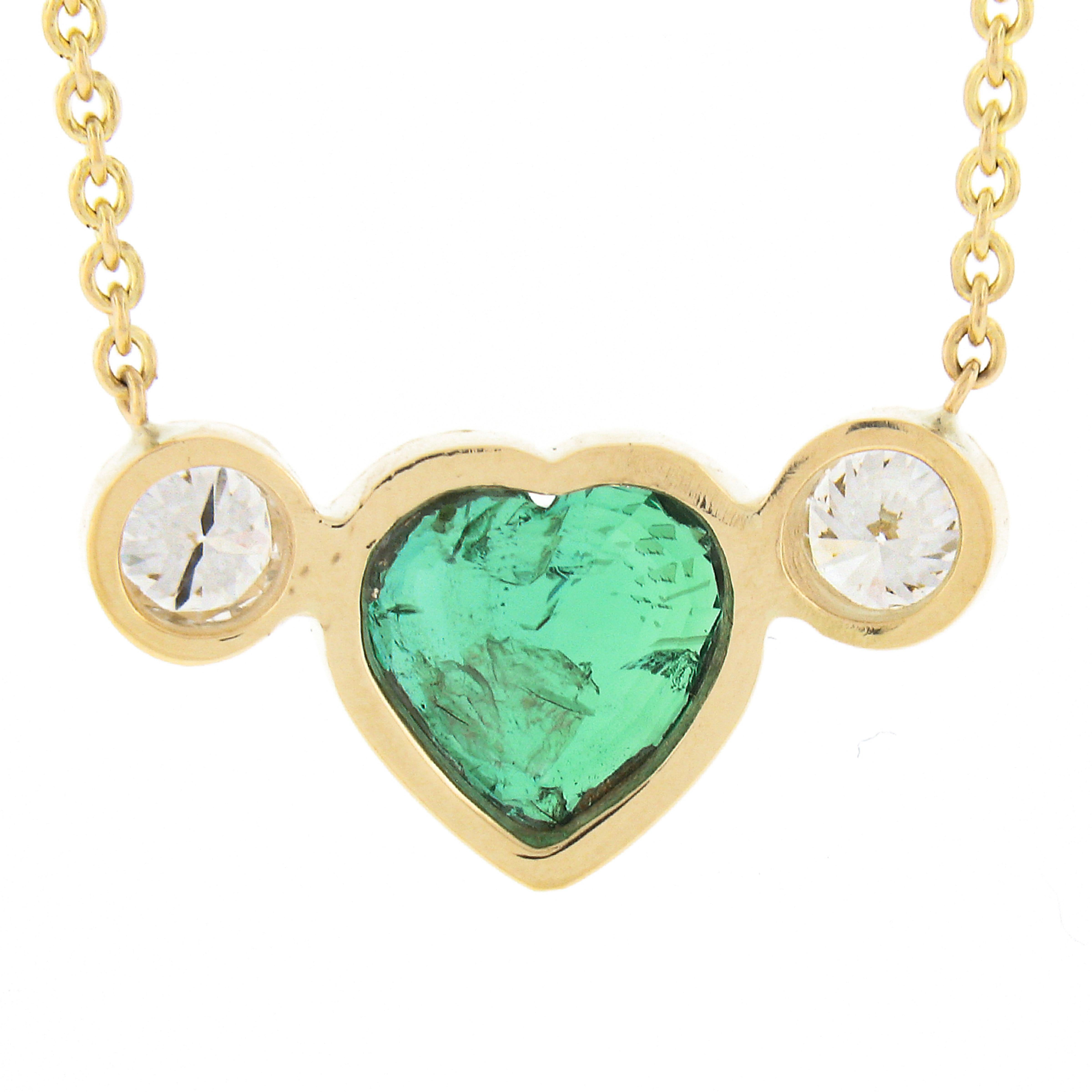 New 18k Gold 2.42ctw GIA Bezel Heart Emerald & Diamond Pendant Chain Necklace For Sale 1