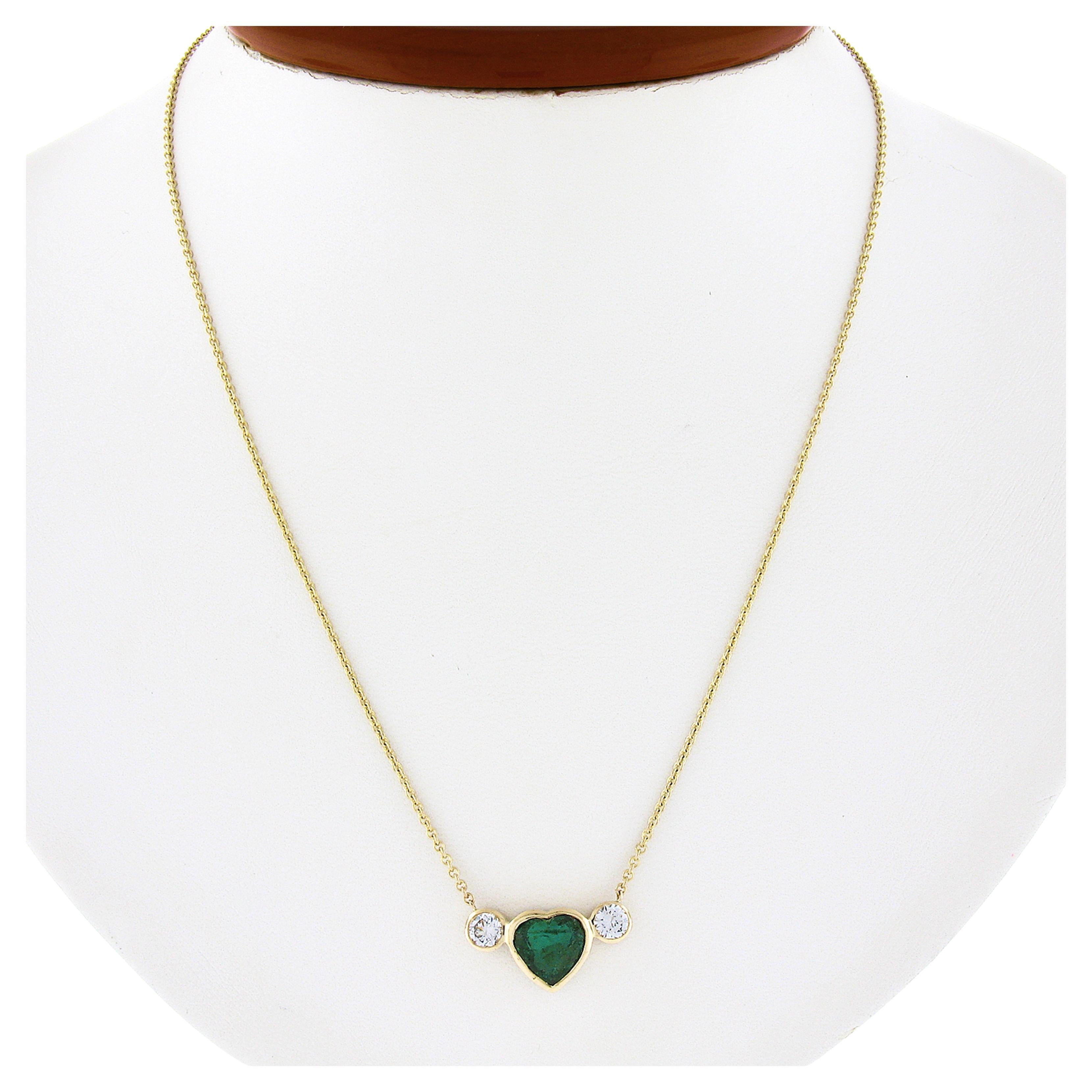 New 18k Gold 2.42ctw GIA Bezel Heart Emerald & Diamond Pendant Chain Necklace For Sale
