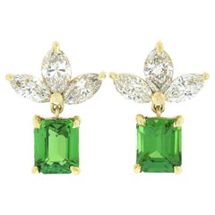 New 18k Gold 3.06ctw Marquise Diamond Emerald Step Cut Tsavorite Dangle Earrings