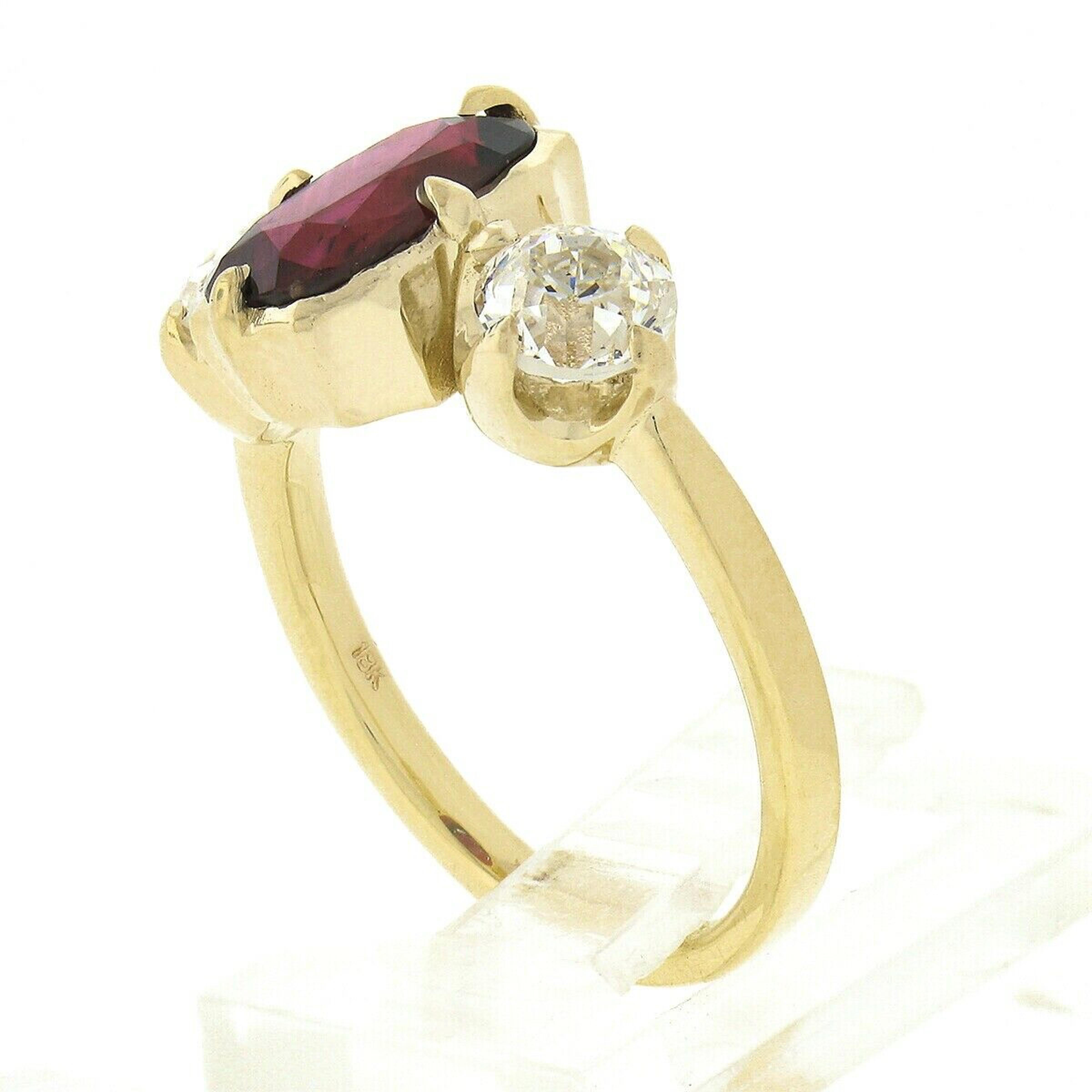 New 18k Gold 3.37ct GIA Elongated Cushion Ruby & Diamond 3 Stone Engagement Ring For Sale 3