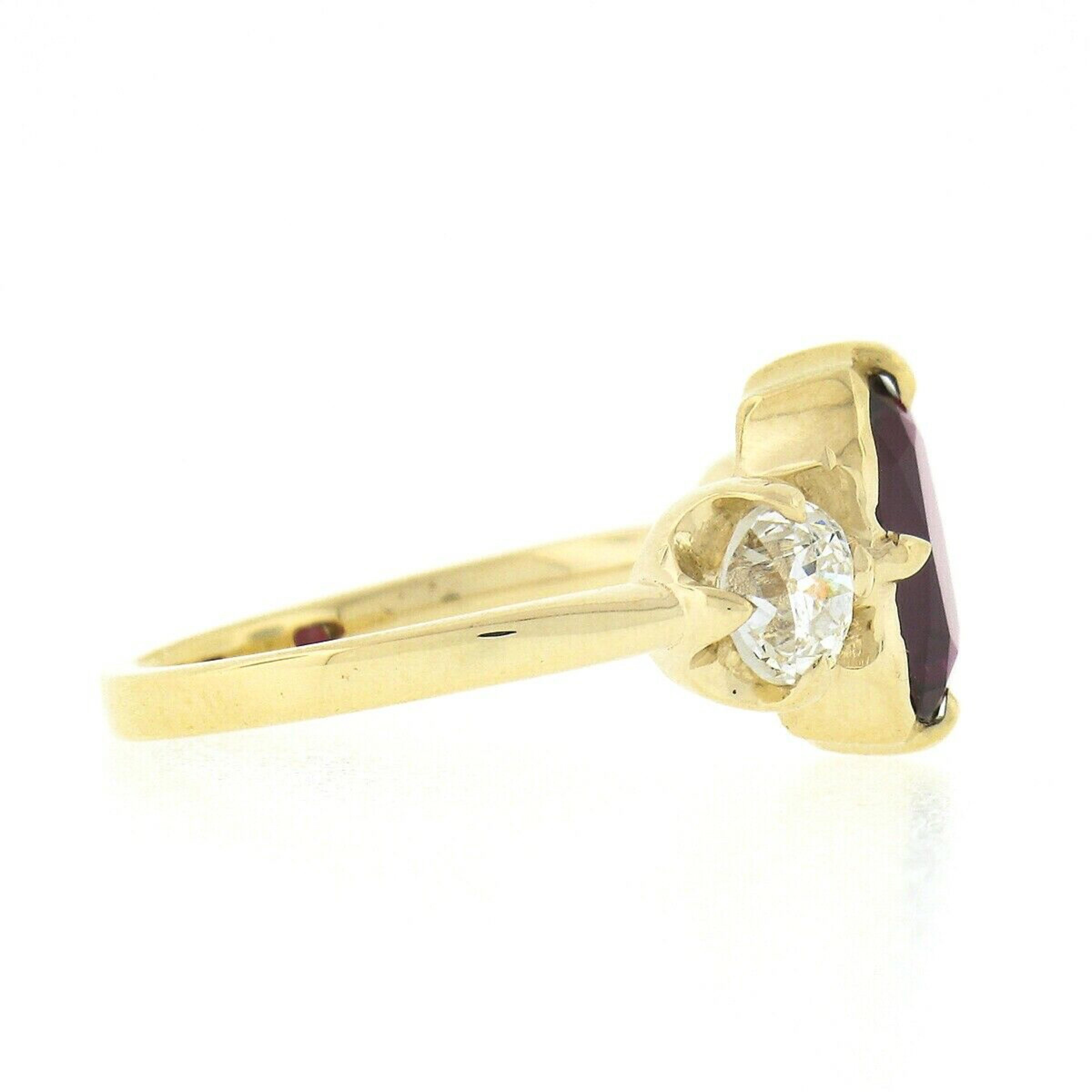 New 18k Gold 3.37ct GIA Elongated Cushion Ruby & Diamond 3 Stone Engagement Ring In New Condition For Sale In Montclair, NJ
