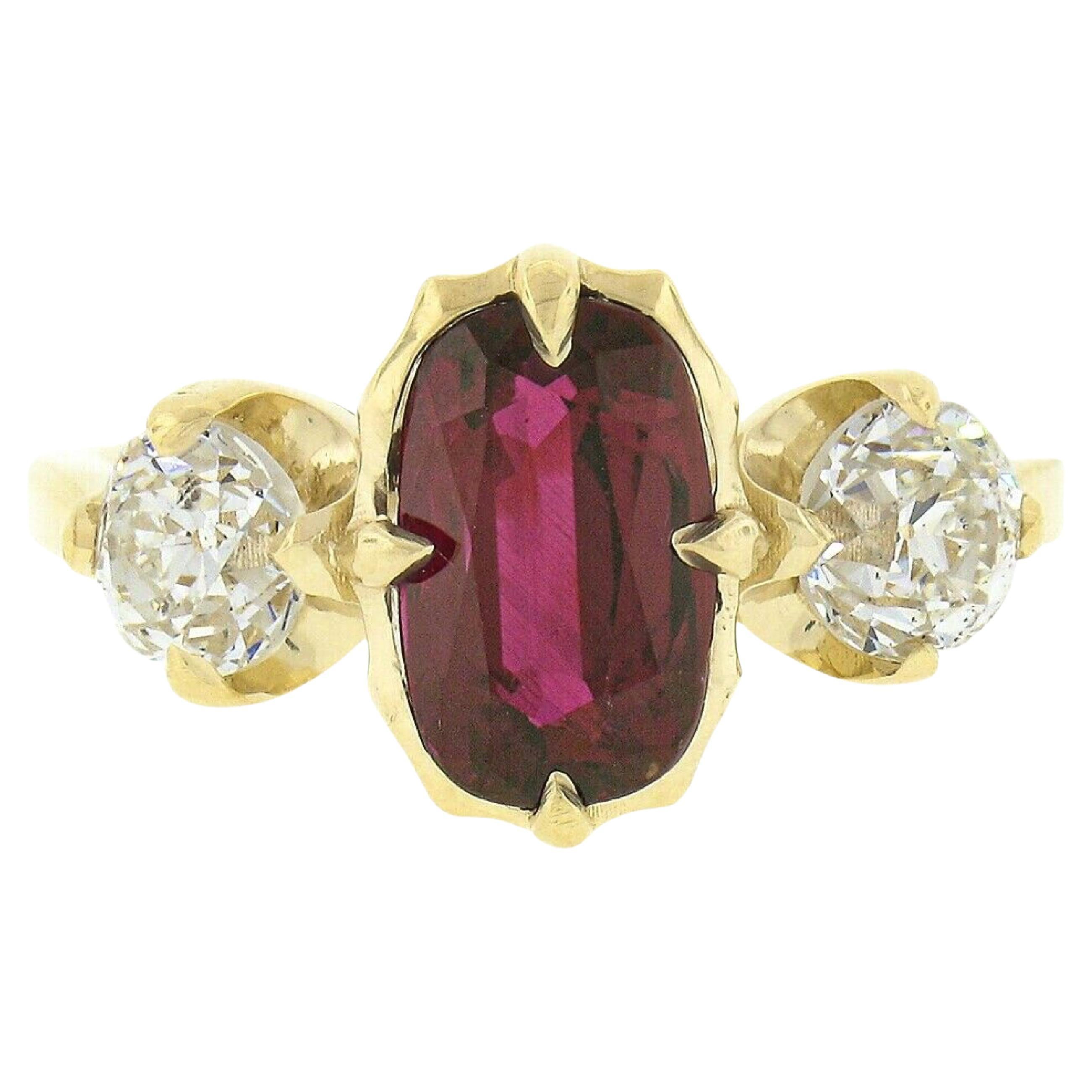 New 18k Gold 3.37ct GIA Elongated Cushion Ruby & Diamond 3 Stone Engagement Ring