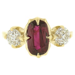 New 18k Gold 3.37ct GIA Elongated Cushion Ruby & Diamond 3 Stone Engagement Ring