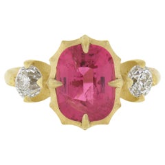 New 18k Gold 3.6ct GIA Mahenge Pink Spinel & Diamond Satin Finish Scalloped Ring