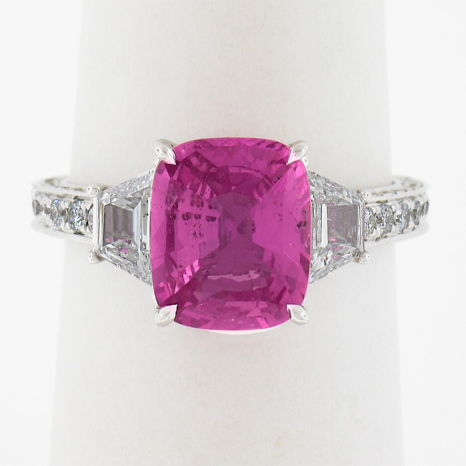 --Stone(s):--
(1) Natural Genuine Sapphire - Cushion Step Cut - Prong Set - Vivid Rich Bubblegum Purplish Pink Color - No Heat - 3.23ct (exact - certified)
** See Certification Details Below for Complete Info **
(2) Natural Genuine Diamonds -