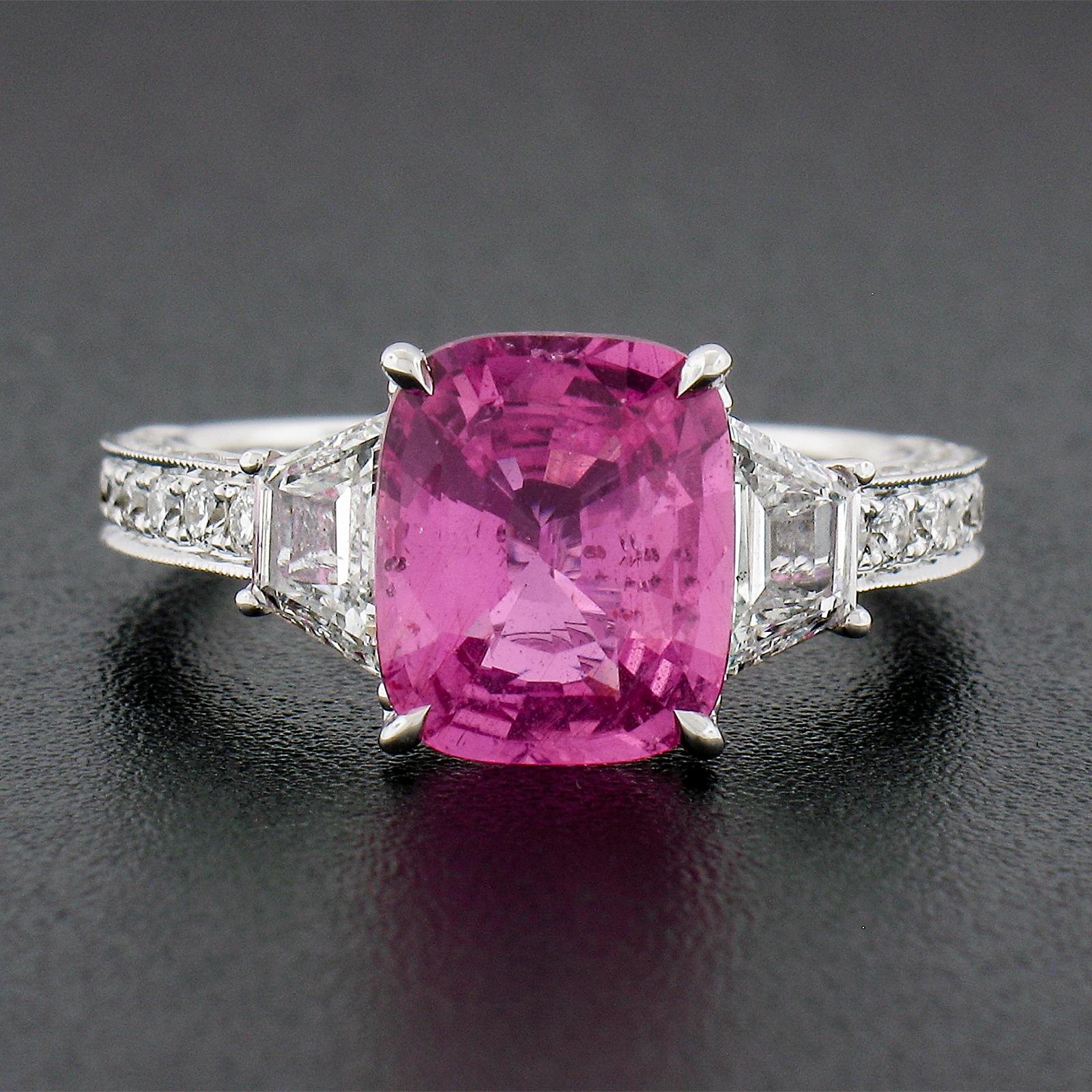 Women's NEW 18K Gold 4.53ctw GIA Cushion Cut Pink Sapphire & Diamond Engagement Ring For Sale