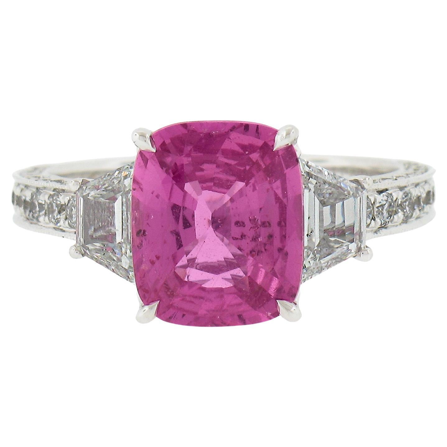 NEW 18K Gold 4.53ctw GIA Cushion Cut Pink Sapphire & Diamond Engagement Ring For Sale