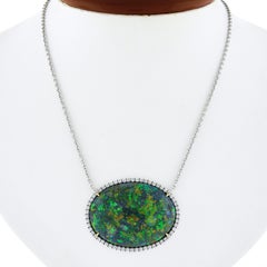 New 18k Gold 46.6ctw GIA Oval Black Opal w/ Diamond Halo Large Pendant Necklace
