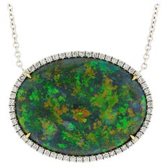 New 18k Gold 46.6ctw GIA Oval Black Opal w/ Diamond Halo Large Pendant Necklace