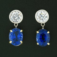 18k Gold 4.98 Carat GIA Oval Blue Sapphire Bezel Diamond Drop Dangle Earrings