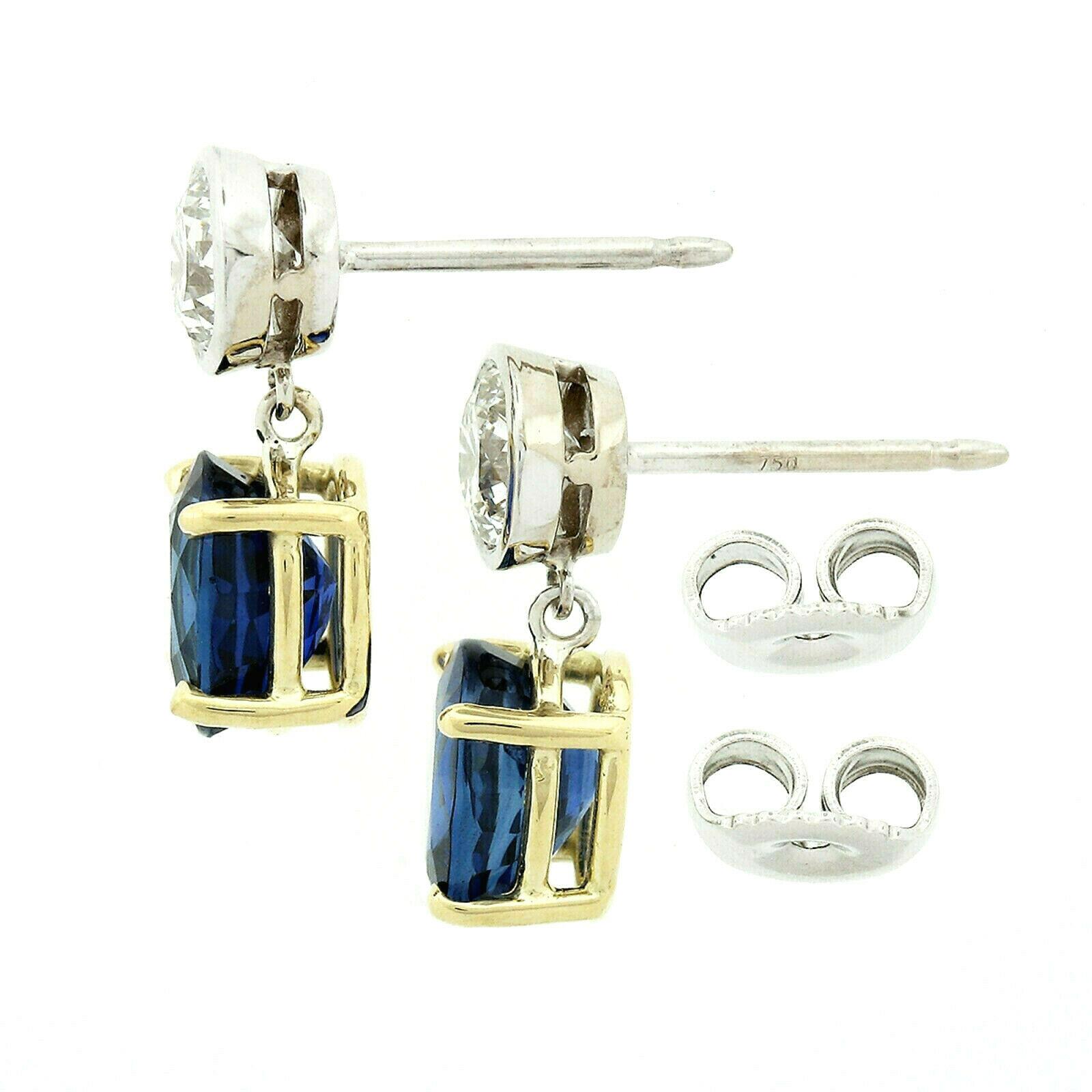 Oval Cut 18k Gold 4.98 Carat GIA Oval Blue Sapphire Bezel Diamond Drop Dangle Earrings For Sale