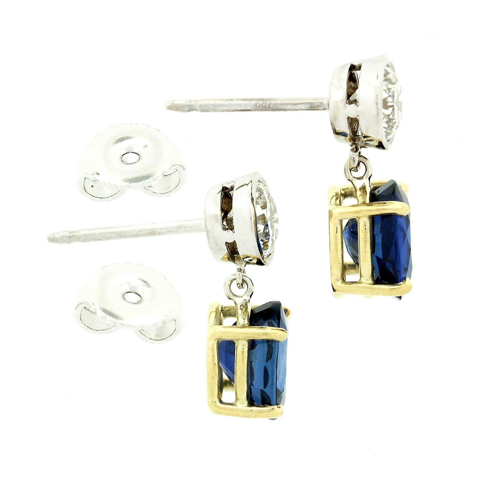 18k Gold 4.98 Carat GIA Oval Blue Sapphire Bezel Diamond Drop Dangle Earrings In New Condition For Sale In Montclair, NJ