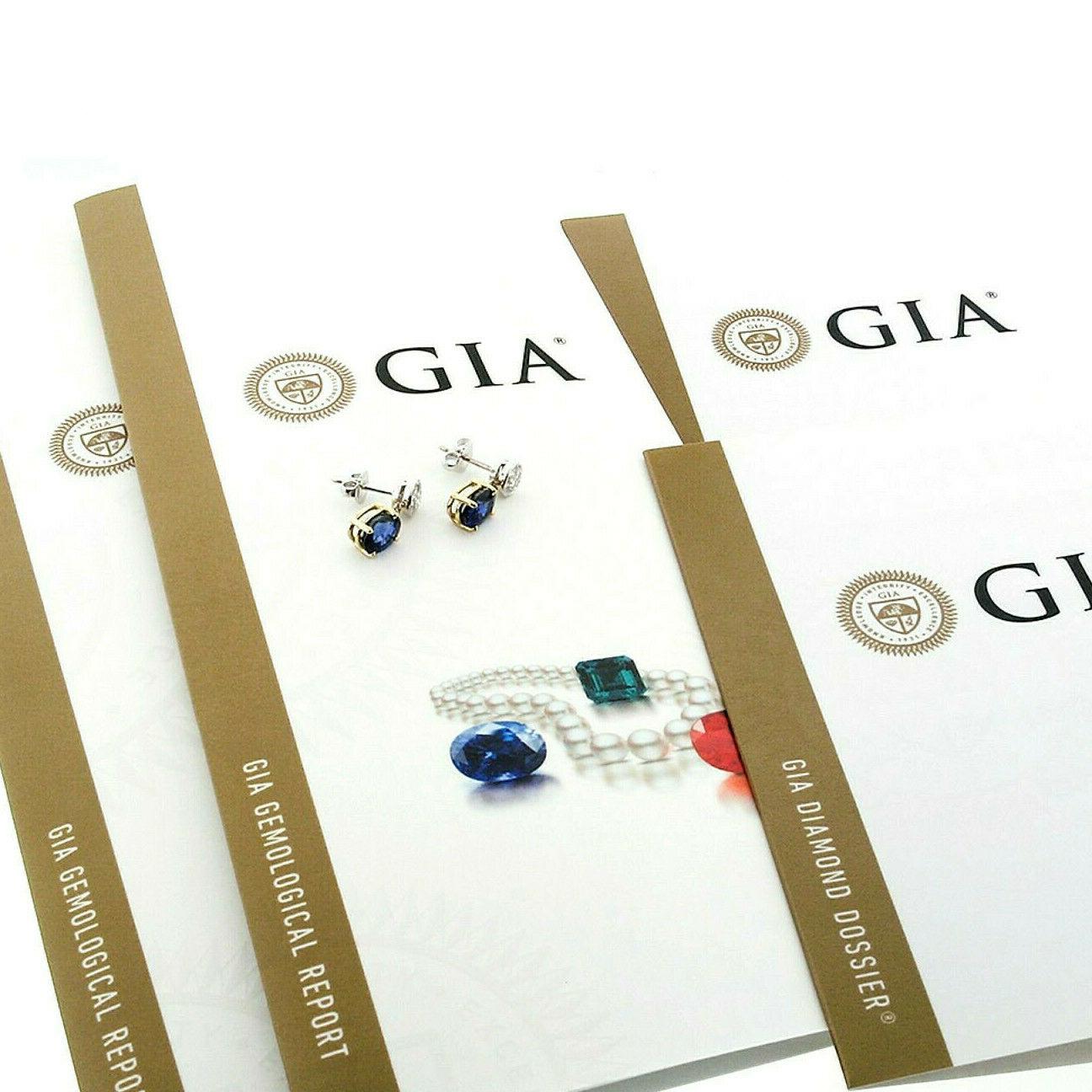 18k Gold 4.98 Carat GIA Oval Blue Sapphire Bezel Diamond Drop Dangle Earrings For Sale 1