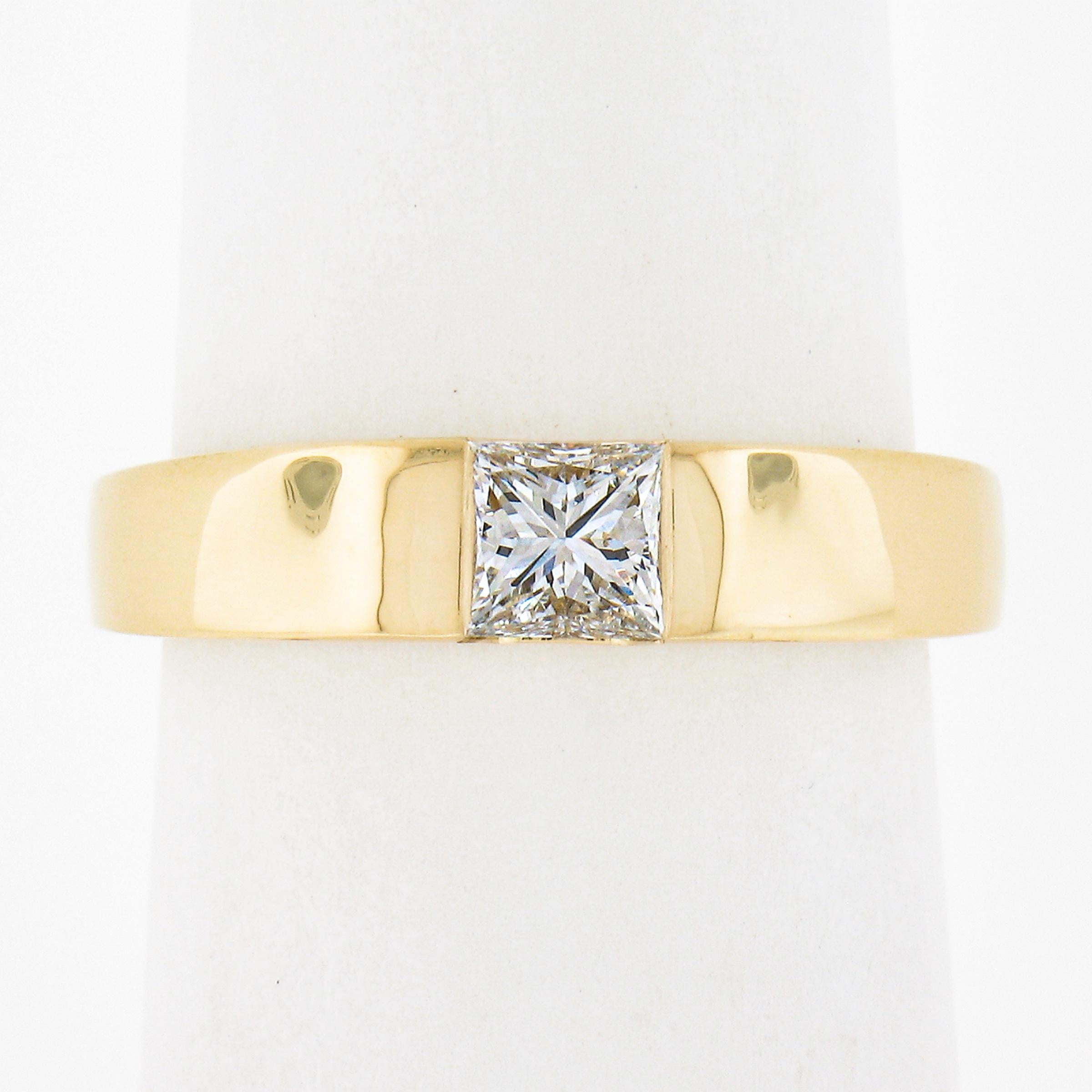 --Stone(s):--
(1) Natural Genuine Diamond - Square Princess Cut - Channel Flush Set - H Color - VS2 Clarity
Total Carat Weight:	0.49 (exact)

Material: Solid 18K Yellow Gold
Weight: 4.42 Grams
Ring Size: 6.5 (Fitted on a finger. We can custom size