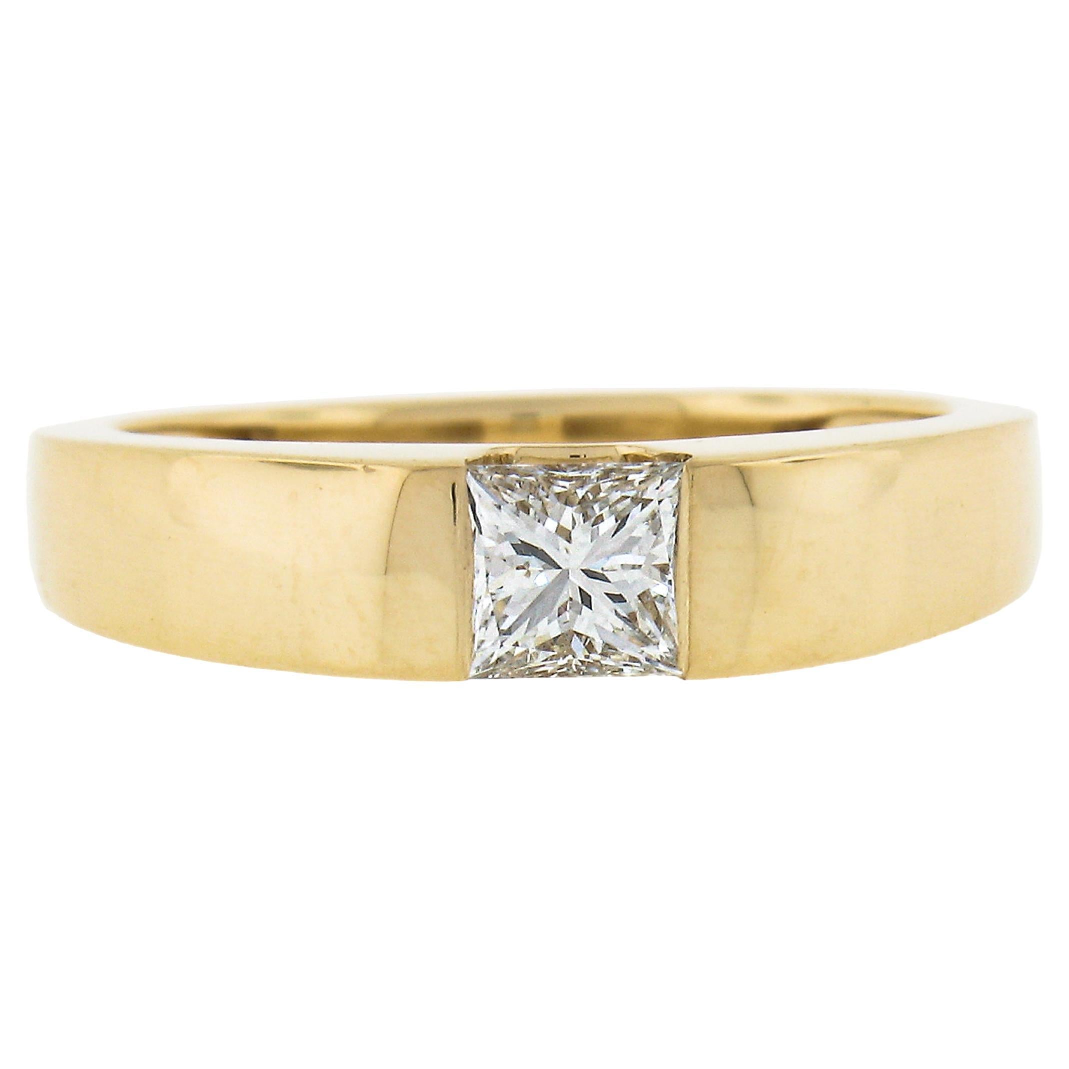 New 18K Gold .49ct Square Princess Channel Flush Set Diamond Solitaire Band Ring For Sale