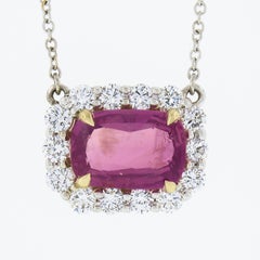 NEW 18K Gold 5.24ctw GIA NO HEAT Pink Sapphire & Diamond Halo Pendant Necklace