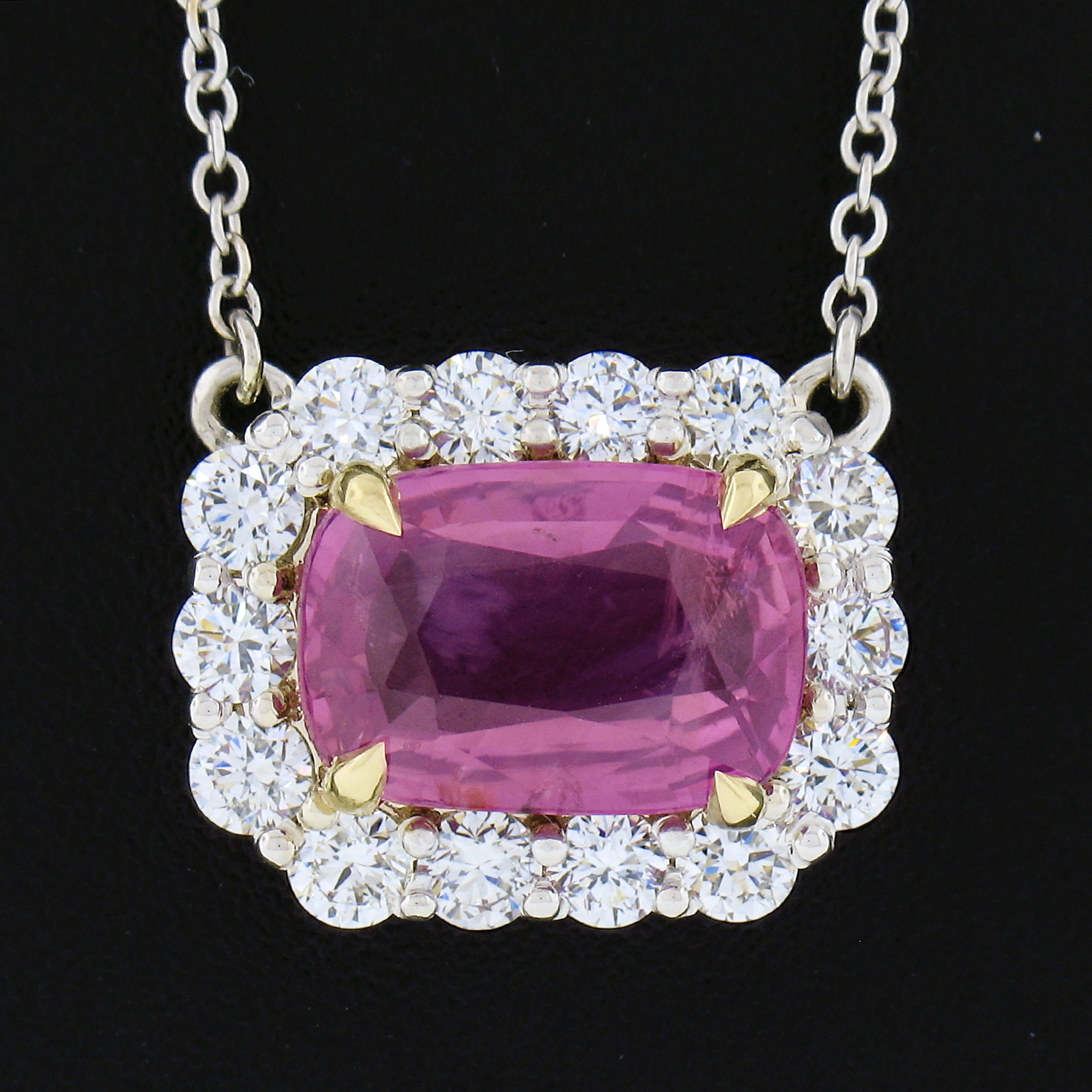 Cushion Cut NEW 18K Gold 5.24ctw GIA NO HEAT Pink Sapphire & Diamond Halo Pendant Necklace For Sale