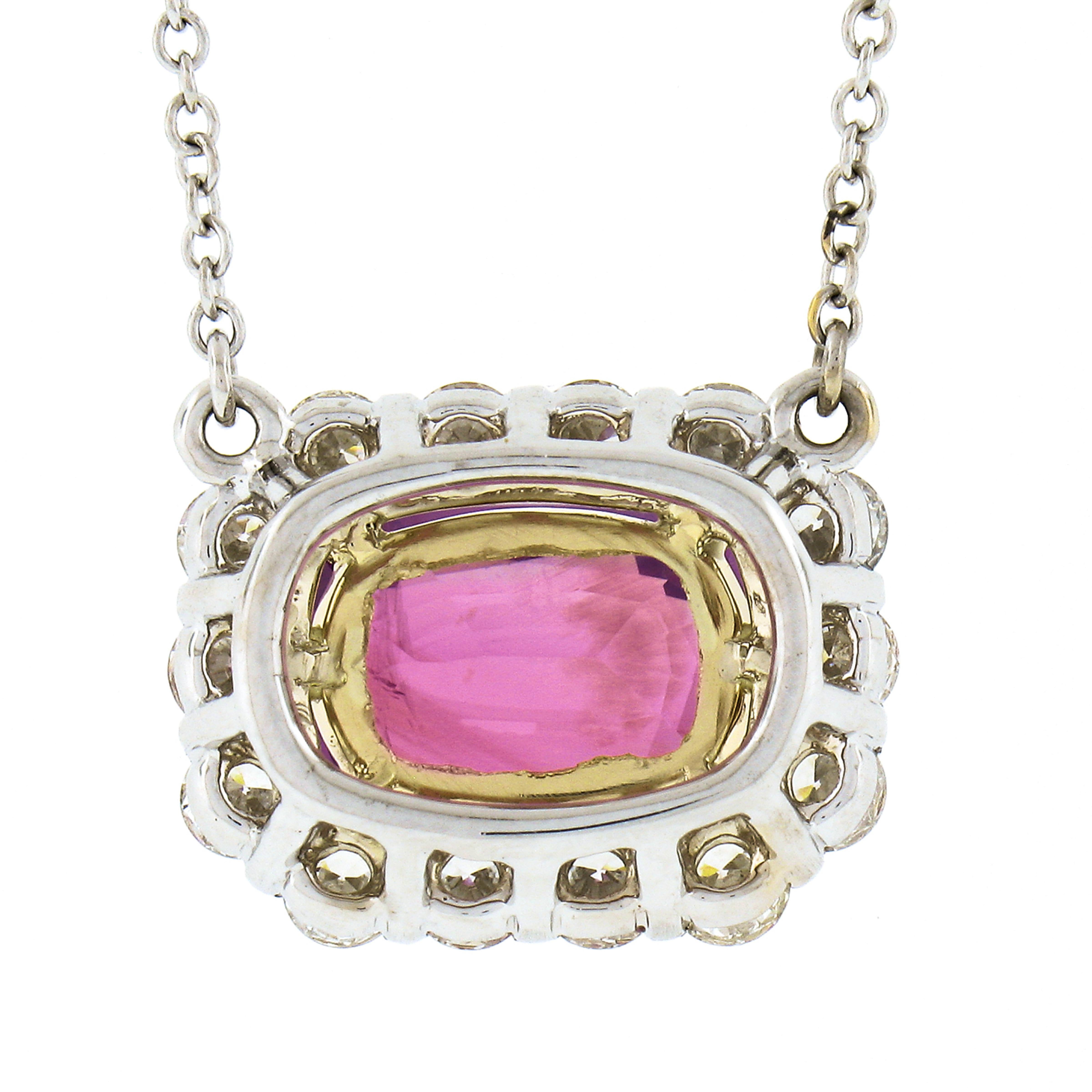 NEW 18K Gold 5.24ctw GIA NO HEAT Pink Sapphire & Diamond Halo Pendant Necklace For Sale 2