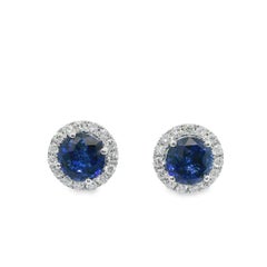 NEW 18k Gold 5.78ctw GIA Round Vivid Blue Sapphire & Diamond Halo Stud Earrings