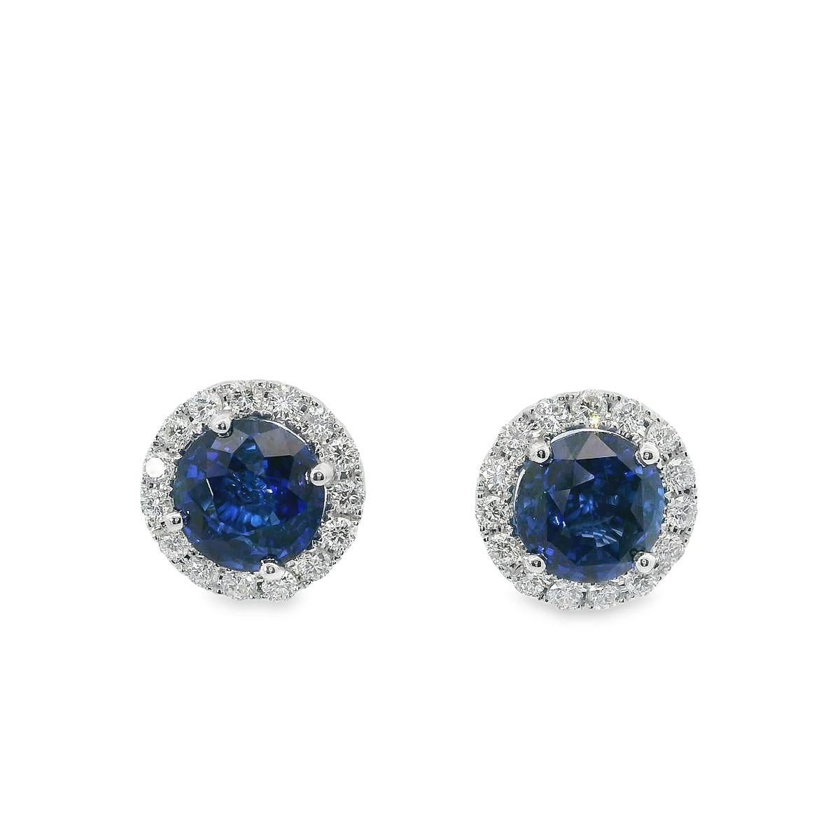 Round Cut NEW 18k Gold 5.78ctw GIA Round Vivid Blue Sapphire & Diamond Halo Stud Earrings For Sale