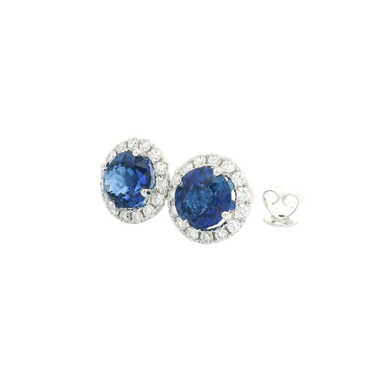 NEW 18k Gold 5.78ctw GIA Round Vivid Blue Sapphire & Diamond Halo Stud Earrings For Sale 3
