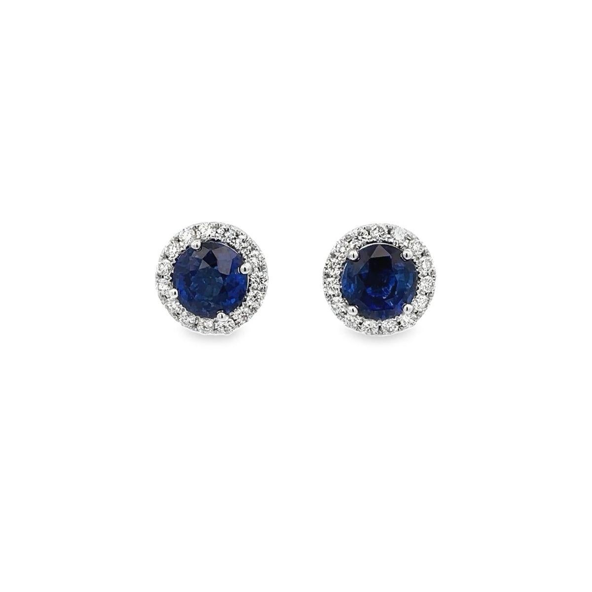 NEW 18k Gold 5.78ctw GIA Round Vivid Blue Sapphire & Diamond Halo Stud Earrings For Sale 4