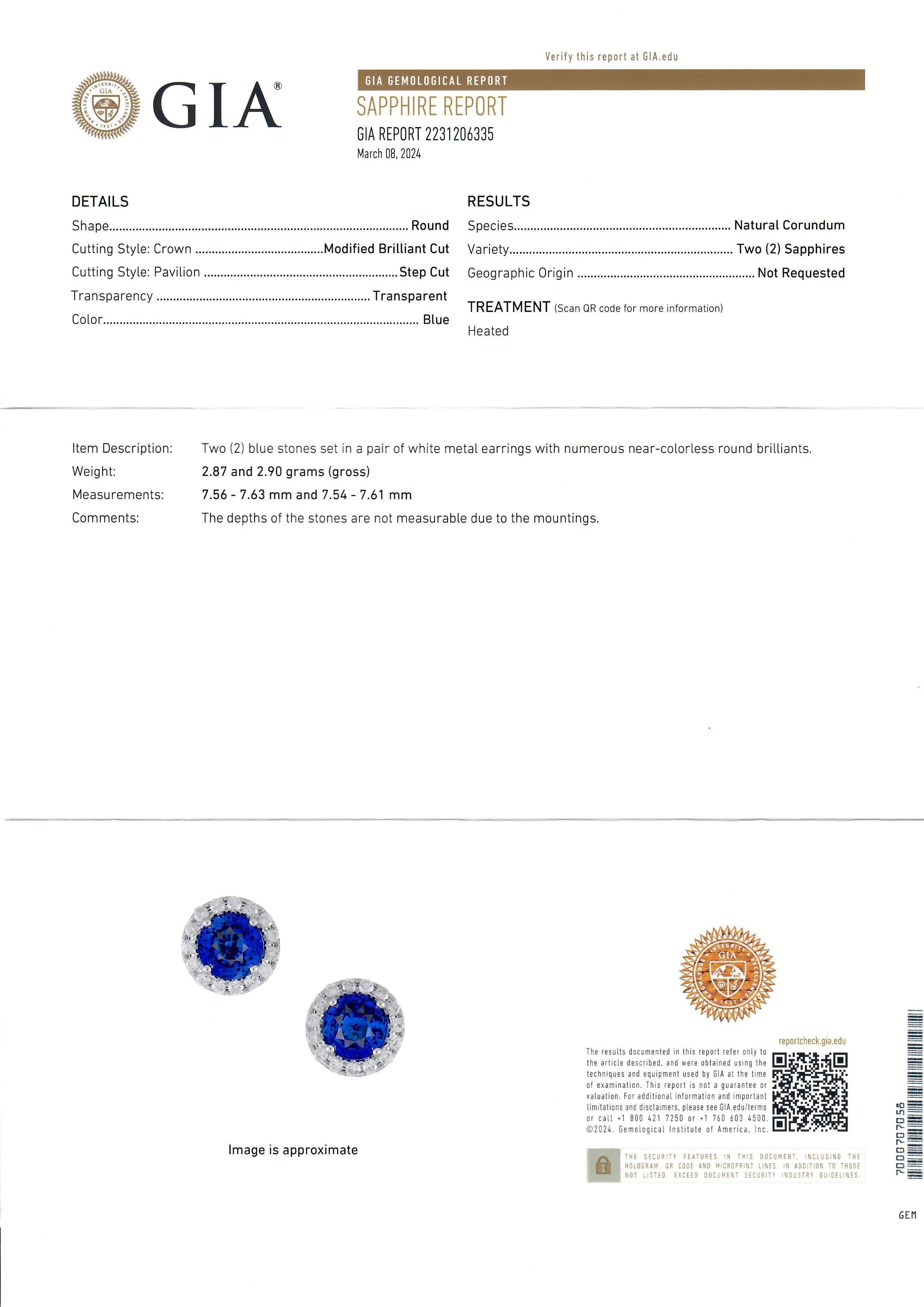 NEW 18k Gold 5.78ctw GIA Round Vivid Blue Sapphire & Diamond Halo Stud Earrings For Sale 5