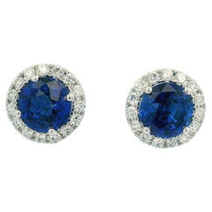 NEW 18k Gold 5.78ctw GIA Round Vivid Blue Sapphire & Diamond Halo Stud Earrings