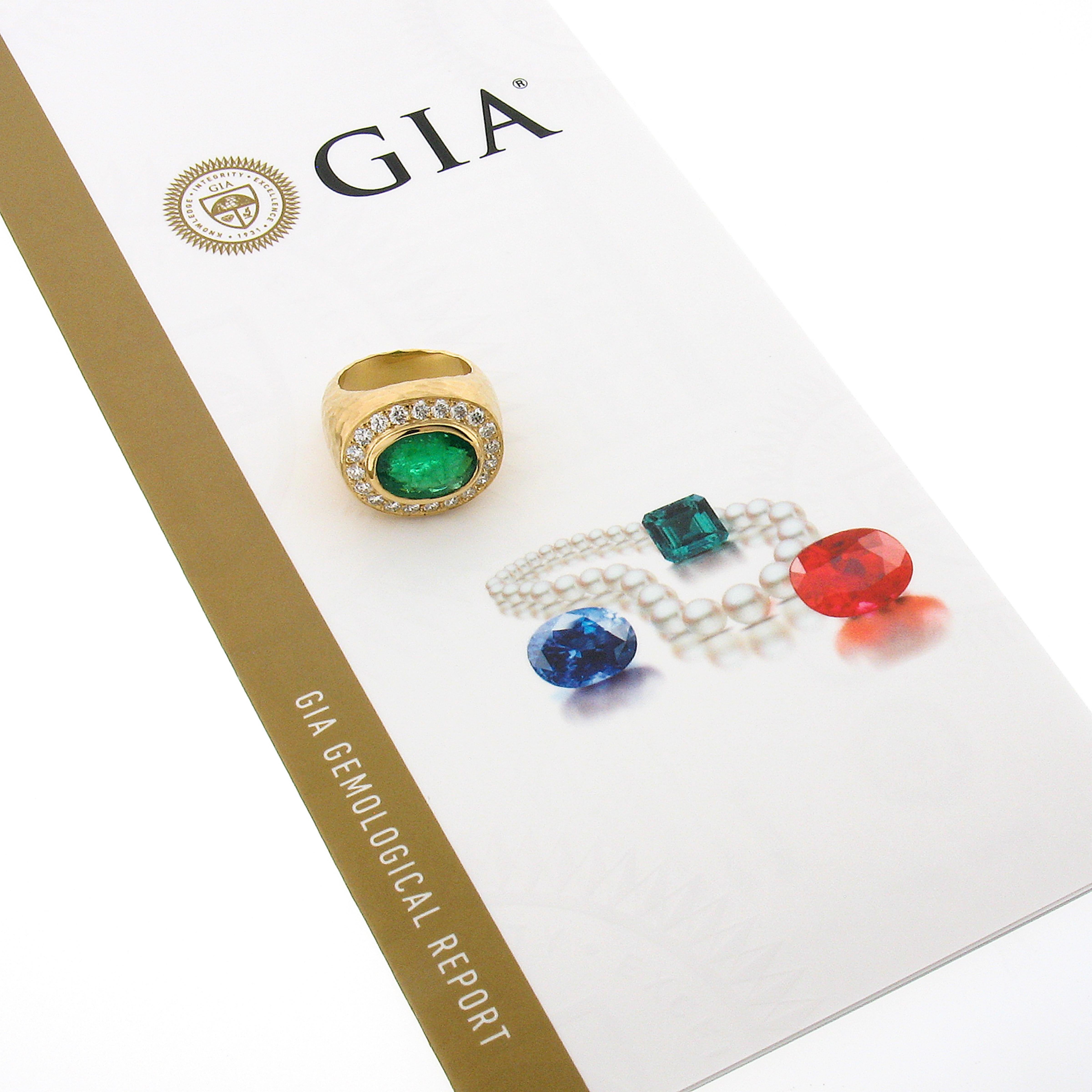 New 18k Gold 7.70ct GIA Oval Bezel Emerald & Diamond Hammered Wide Cocktail Ring 5