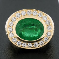 New 18k Gold 7.70ct GIA Oval Bezel Emerald & Diamond Hammered Wide Cocktail Ring